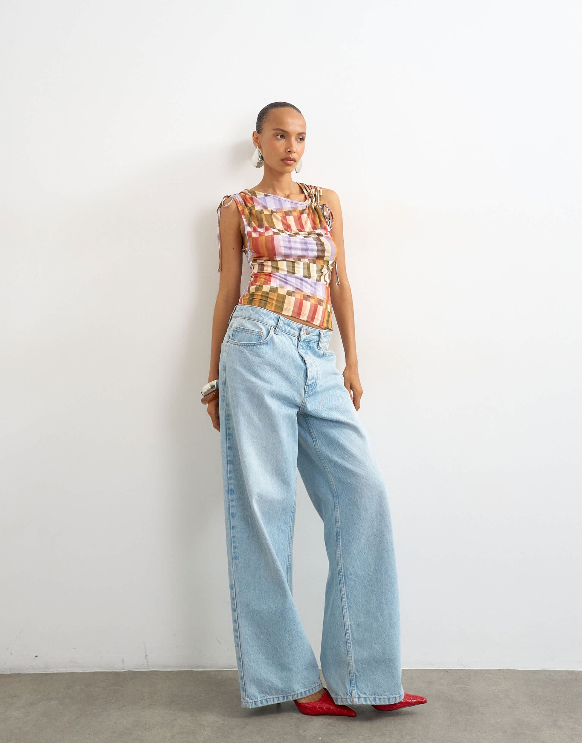 Topshop check ruched detail top in red