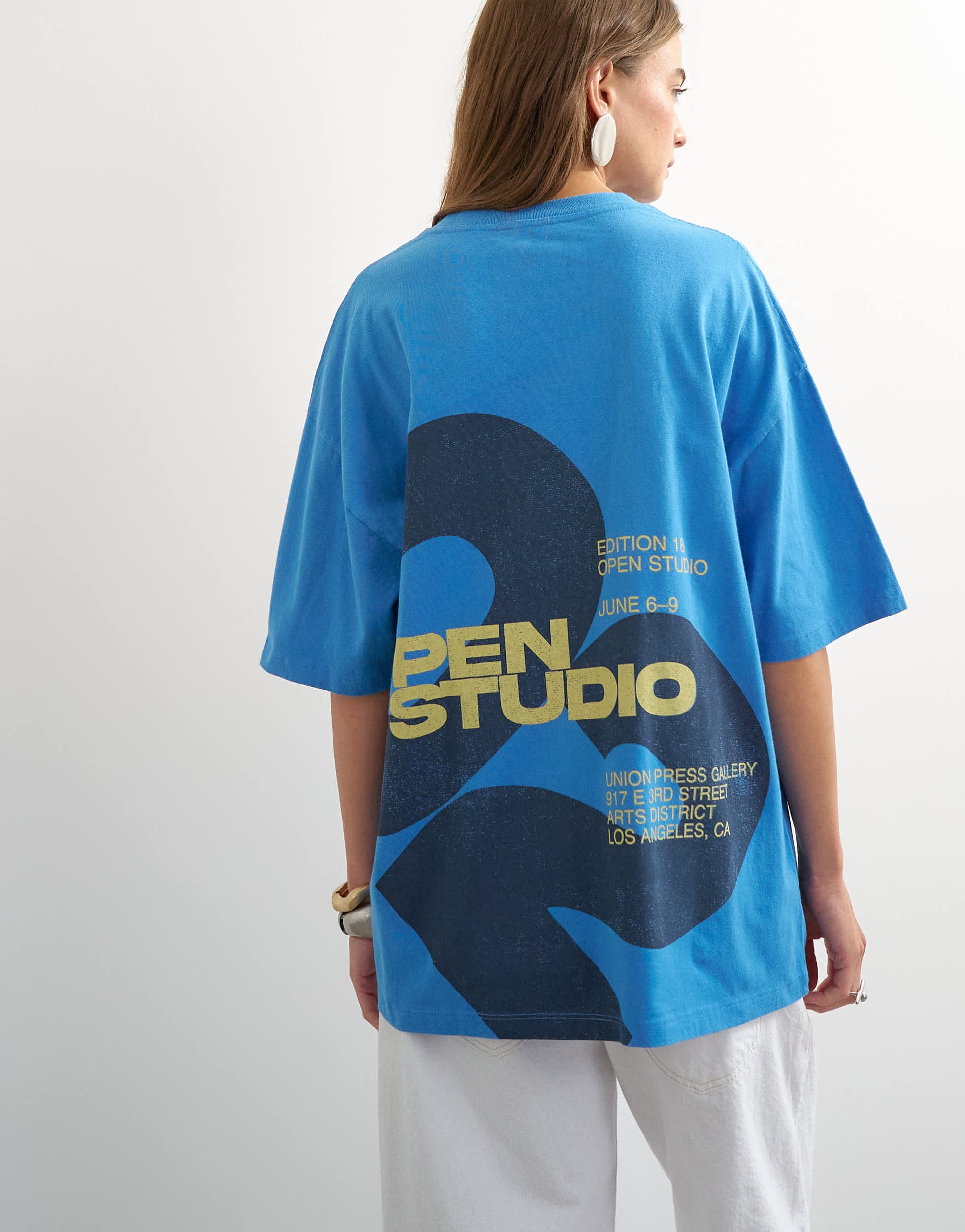 Topshop 'Open Studio' oversized graphic t-shirt in blue