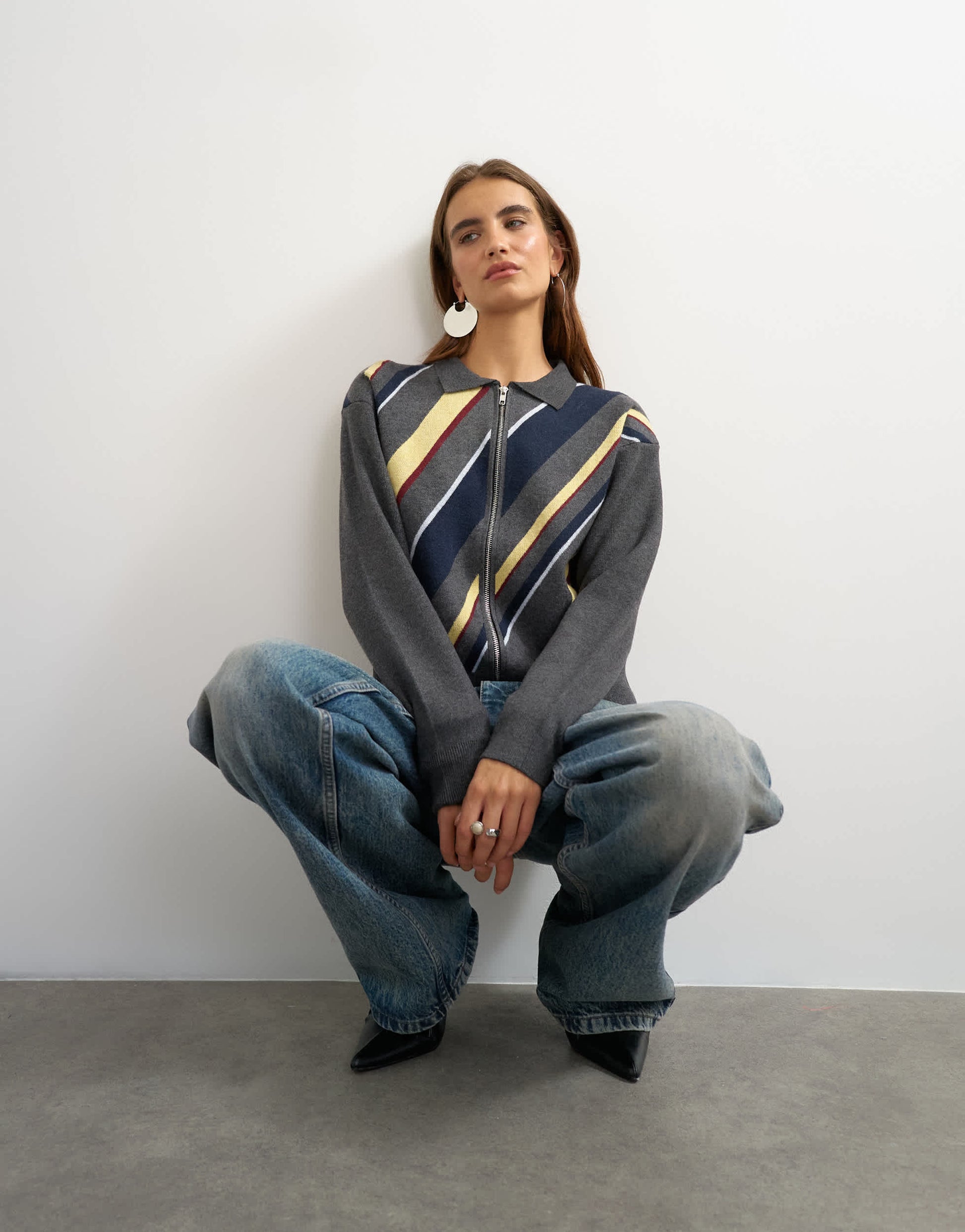 Topshop knitted asymmetric stripe jacket in grey multi