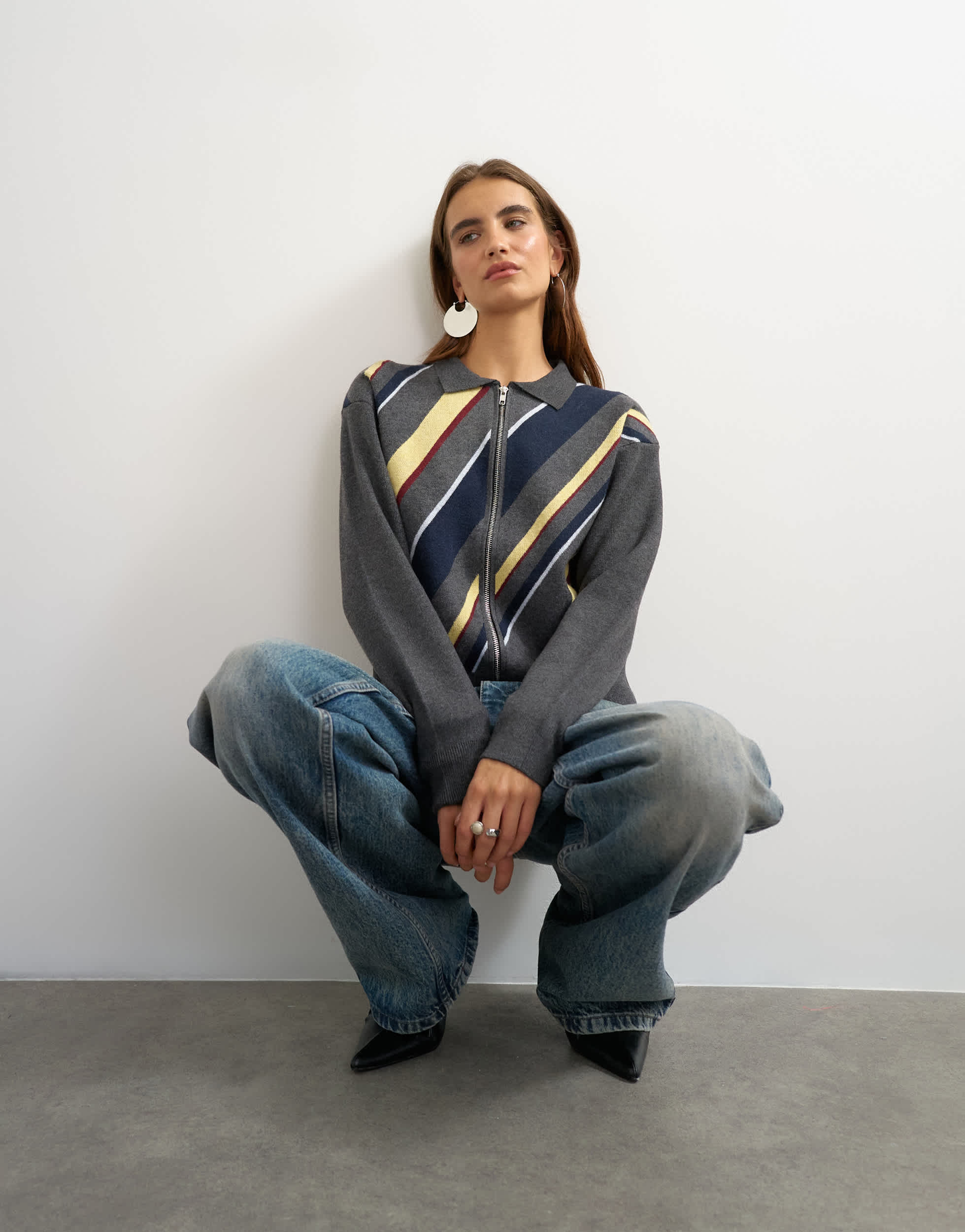 Topshop knitted asymmetric stripe jacket in grey multi