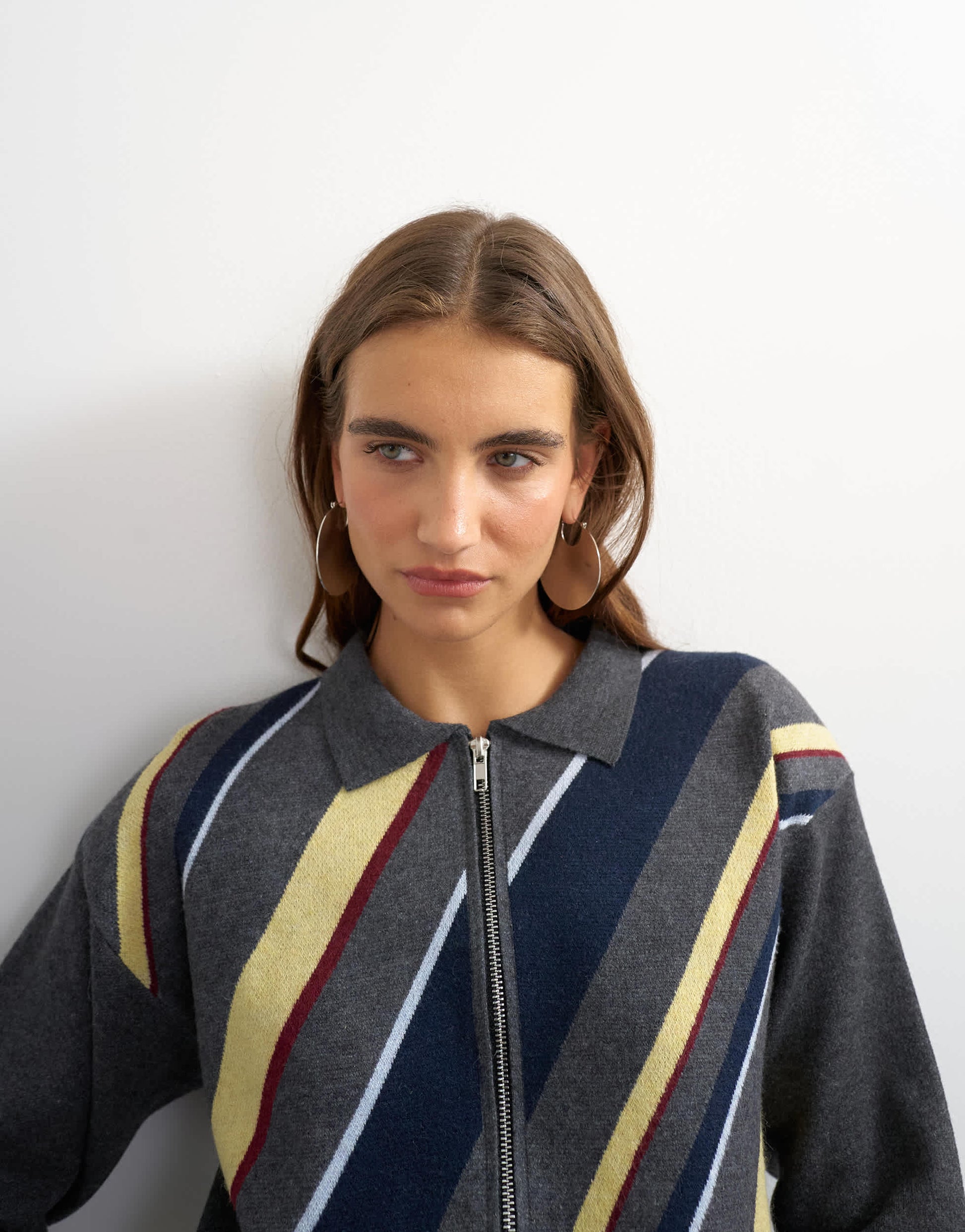 Topshop knitted asymmetric stripe jacket in grey multi