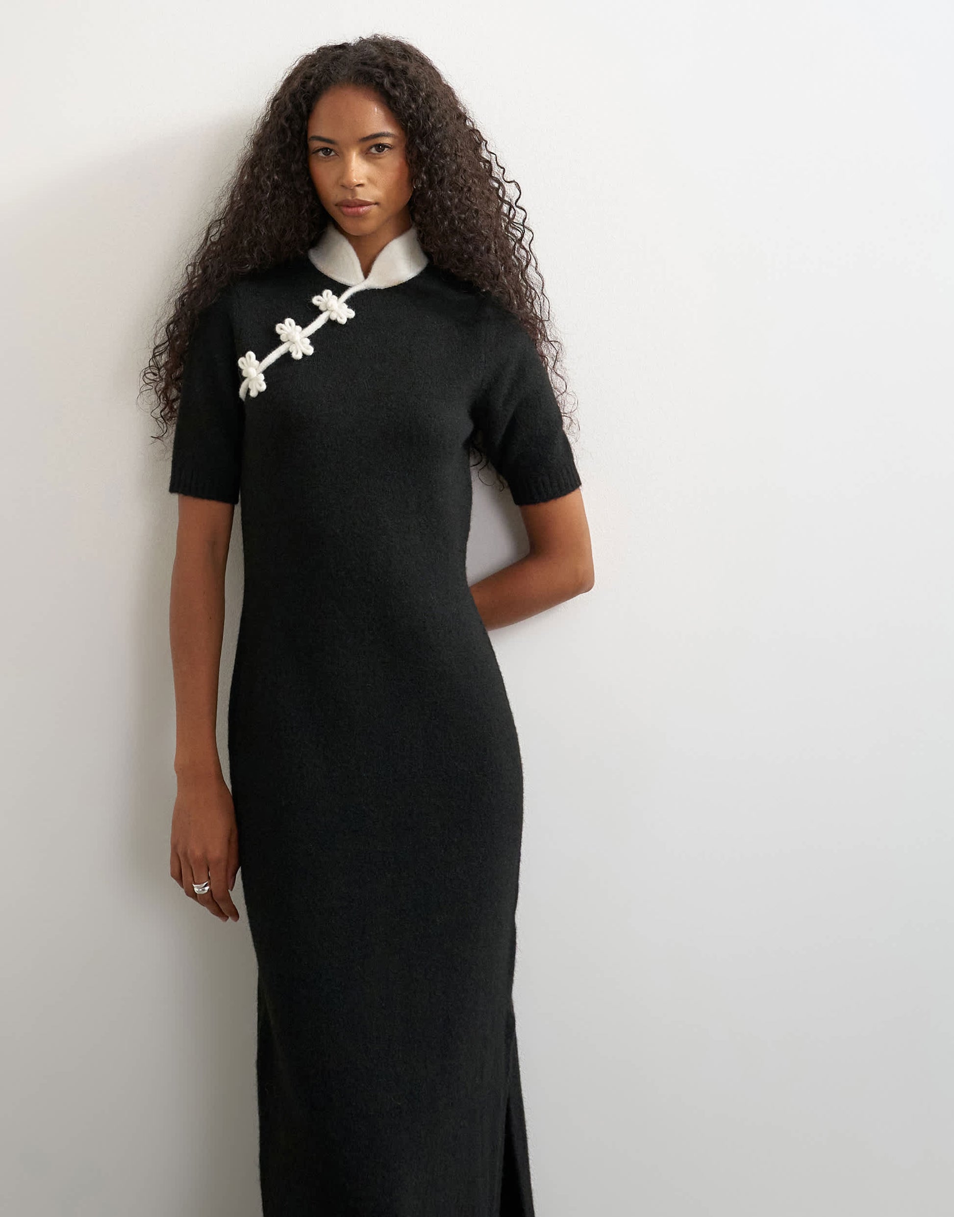 Topshop knitted mandarin collar maxi dress with wool in black mono
