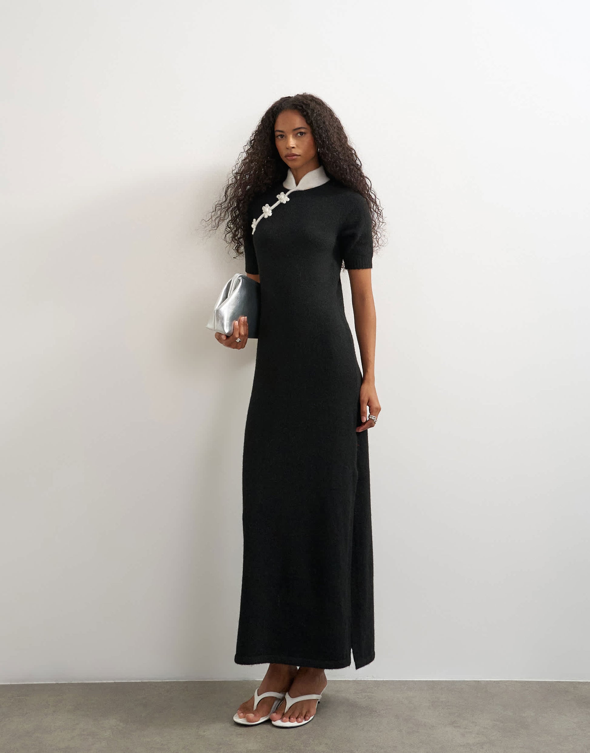 Topshop knitted mandarin collar maxi dress with wool in black mono