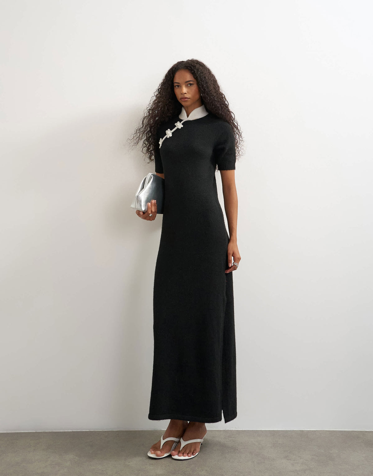 Topshop knitted short sleeve mandarin collar maxi dress with wool in black mono