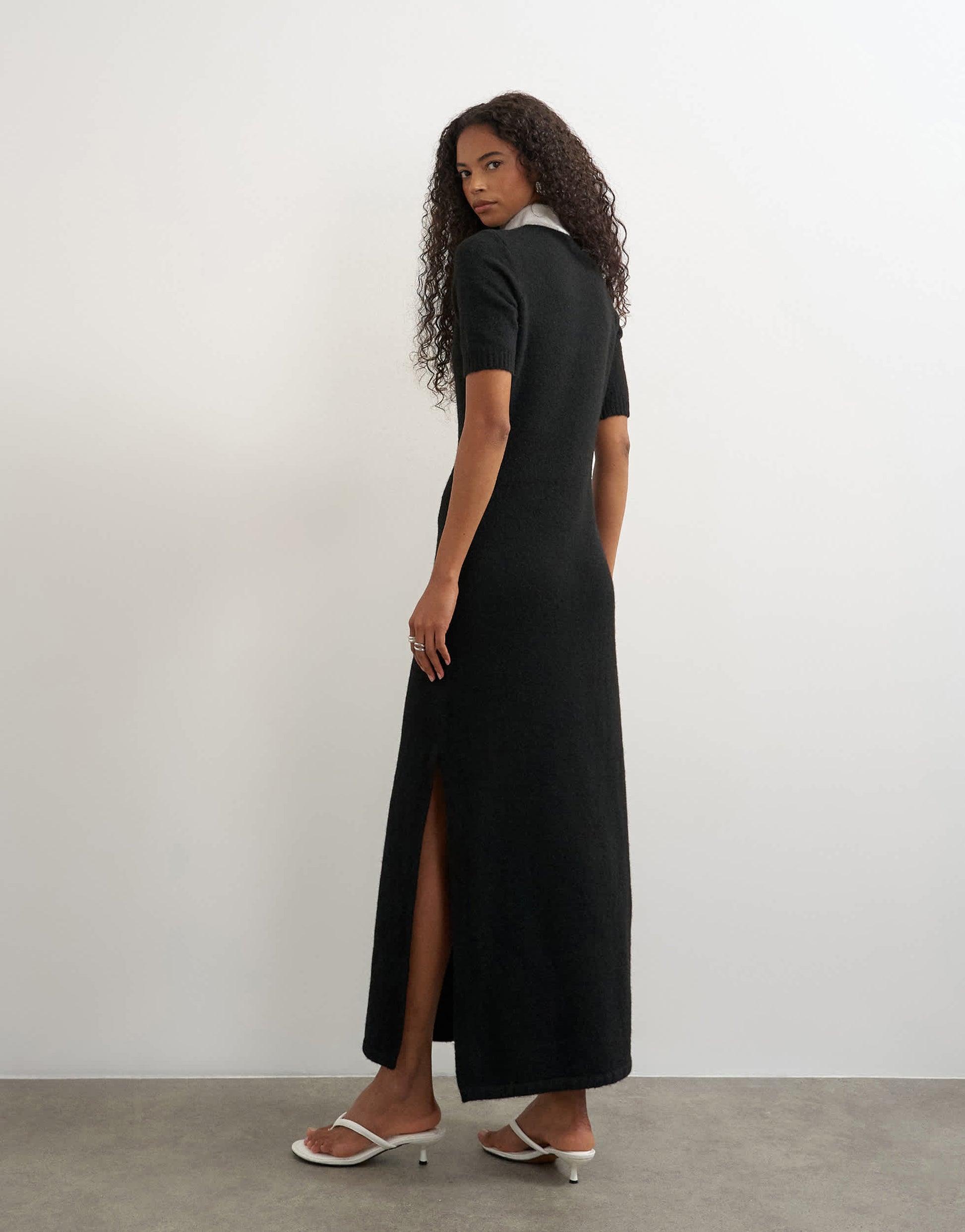Topshop knitted mandarin collar maxi dress with wool in black mono