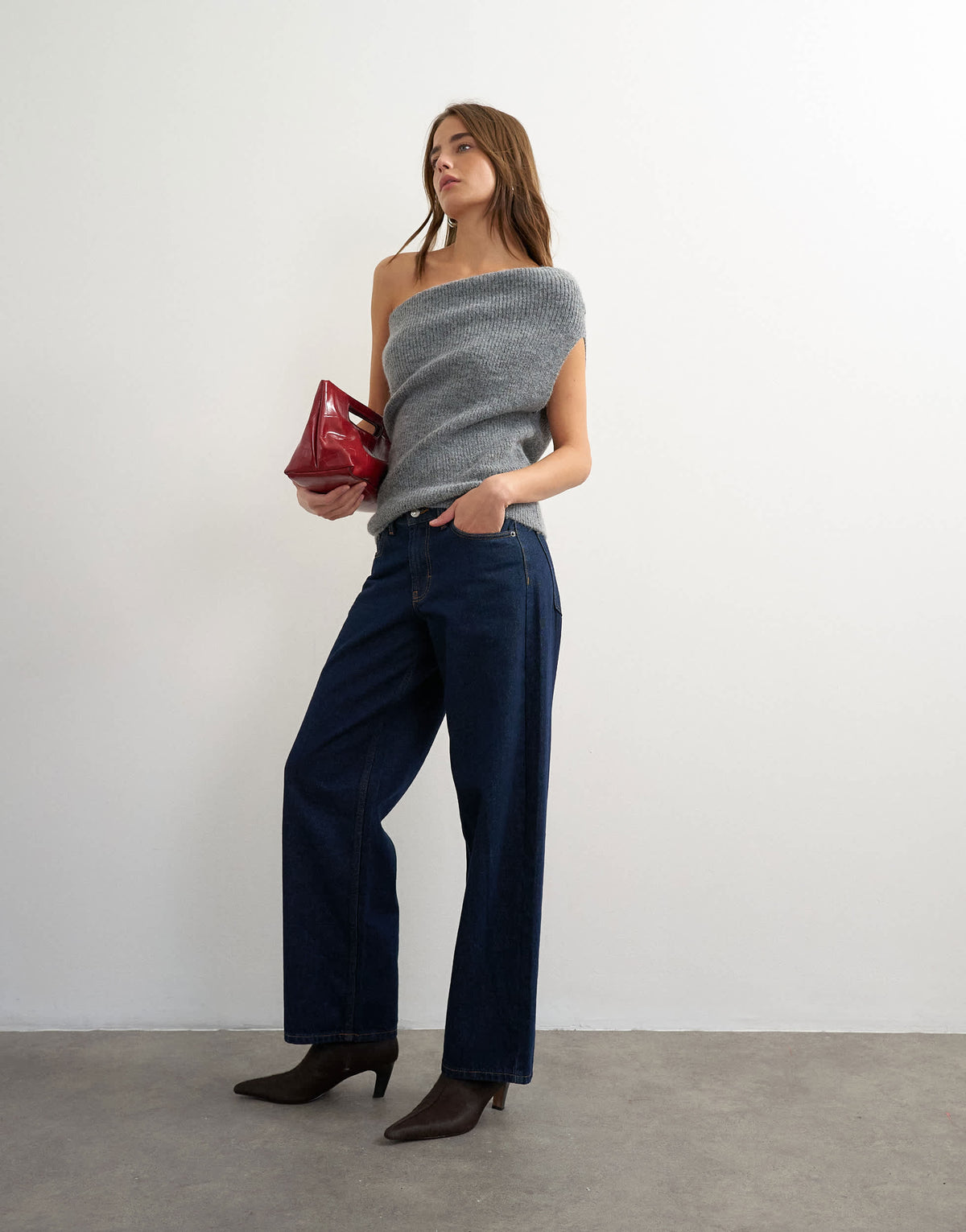 Topshop knitted one shoulder draped top in grey