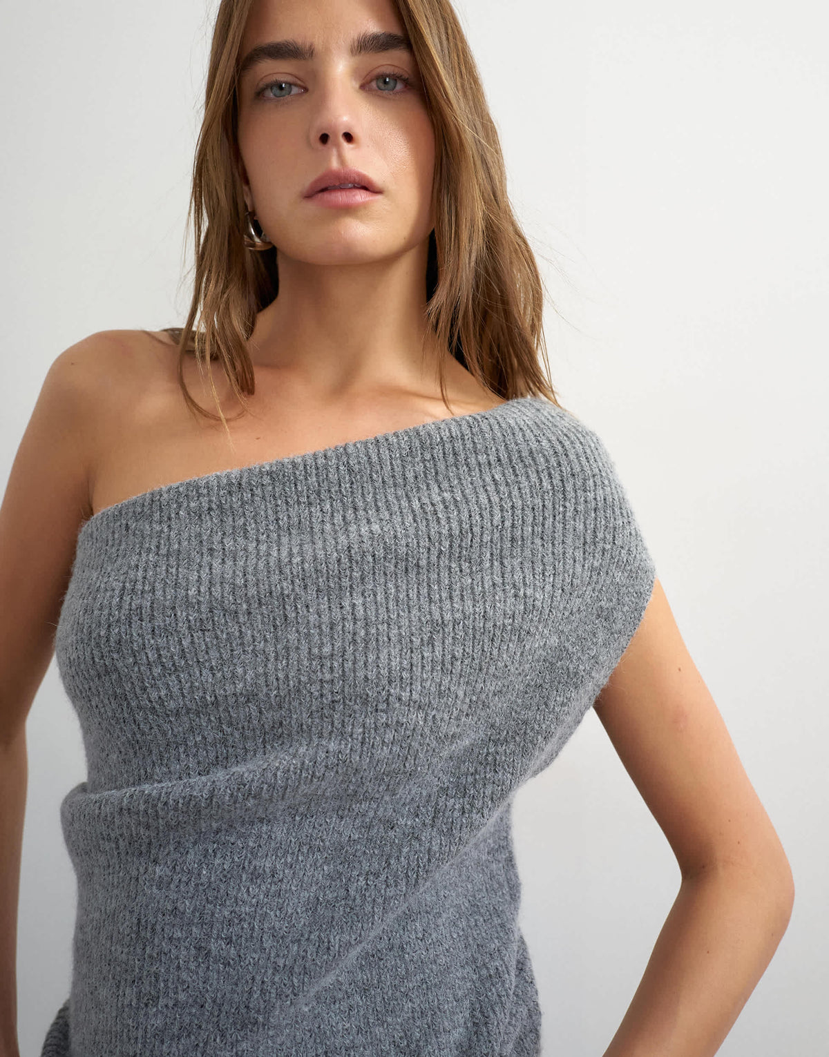 Topshop knitted one shoulder draped top in grey