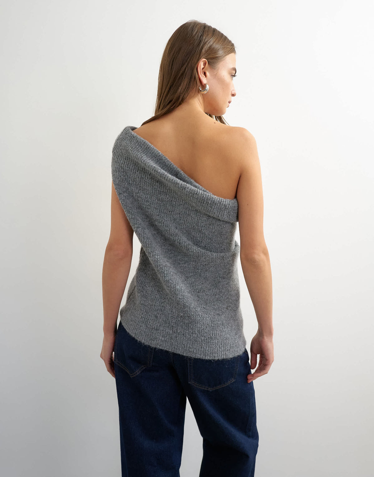 Topshop knitted one shoulder draped top in grey
