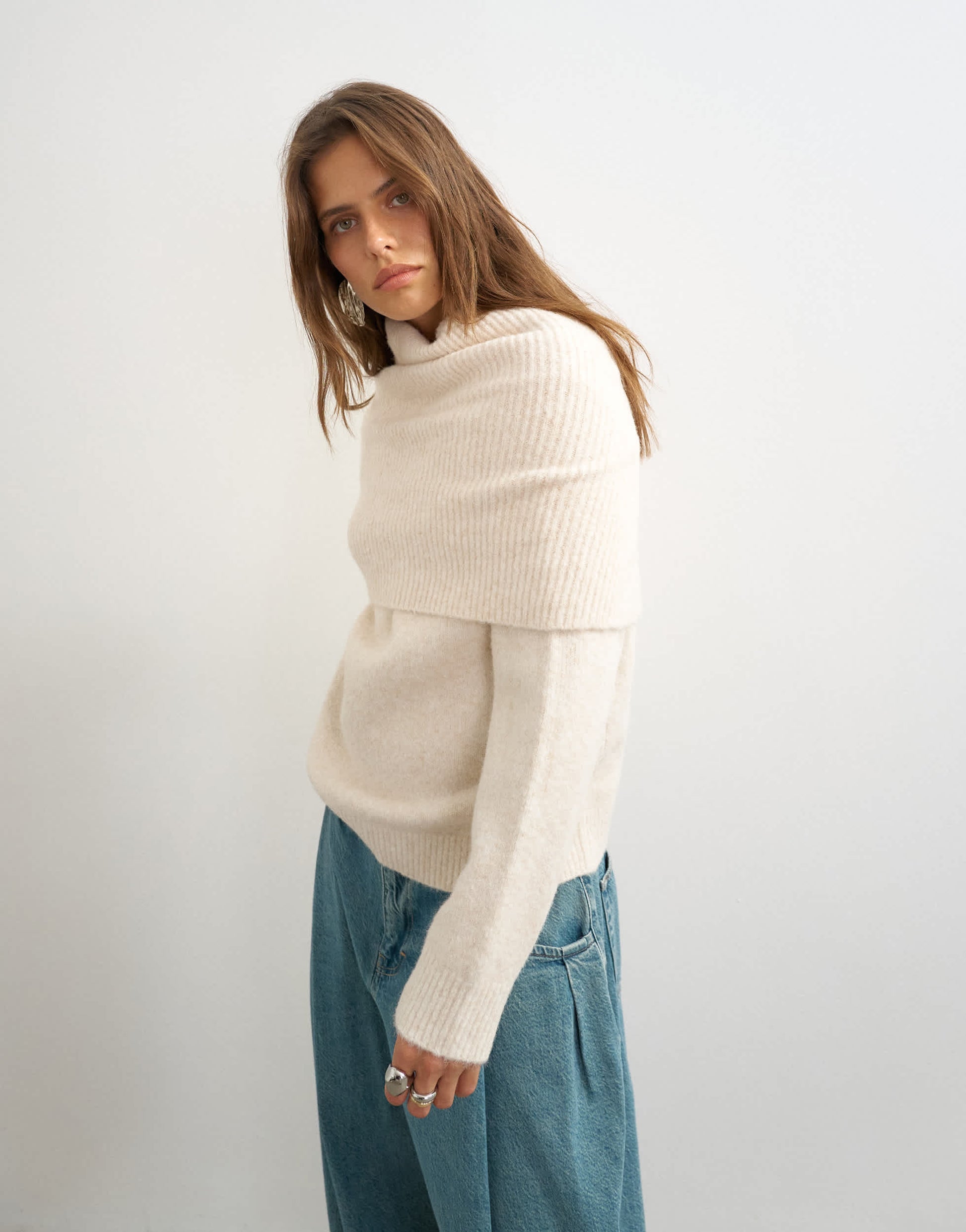 Topshop knitted wool blend deep fold bardot jumper in ivory