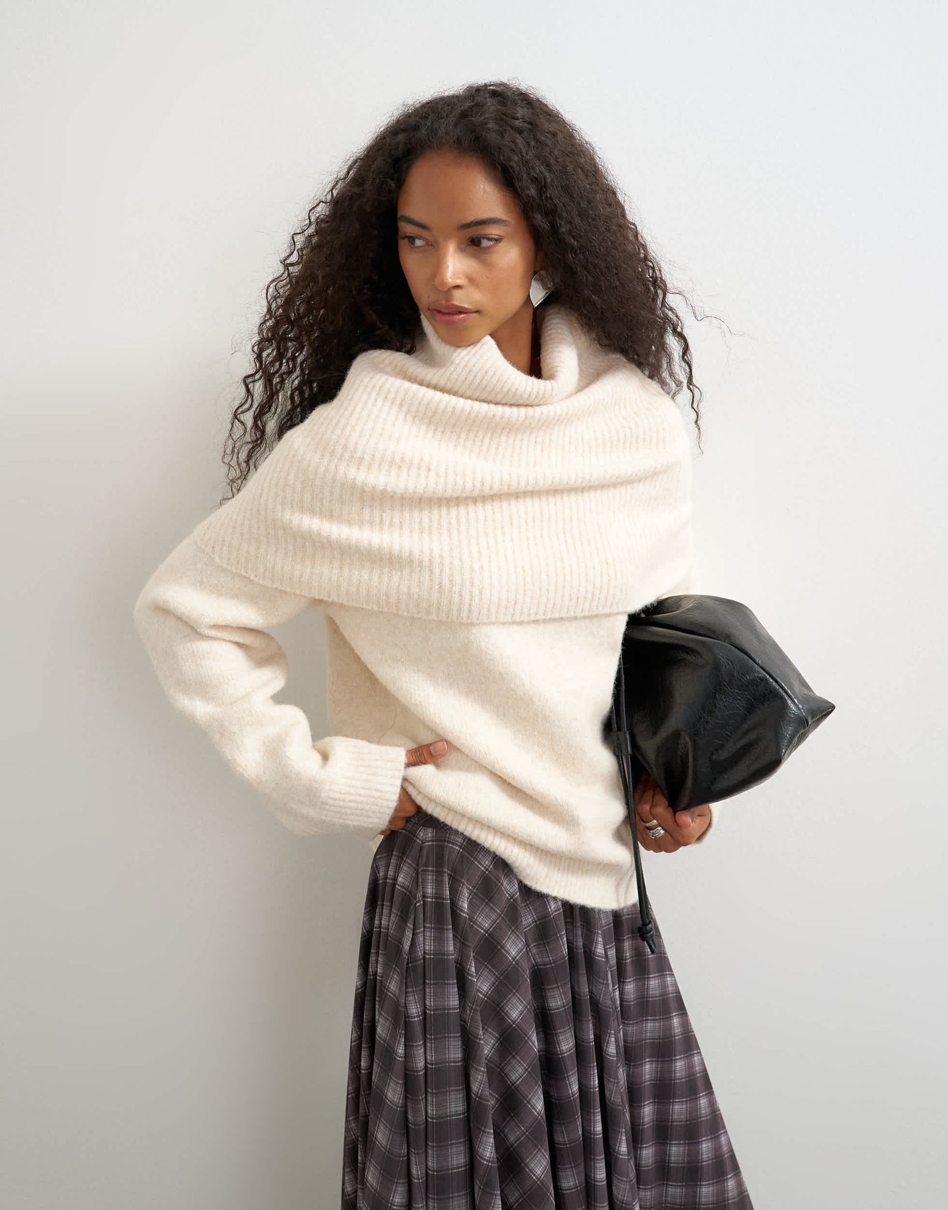 Topshop knitted wool blend deep fold bardot jumper in ivory