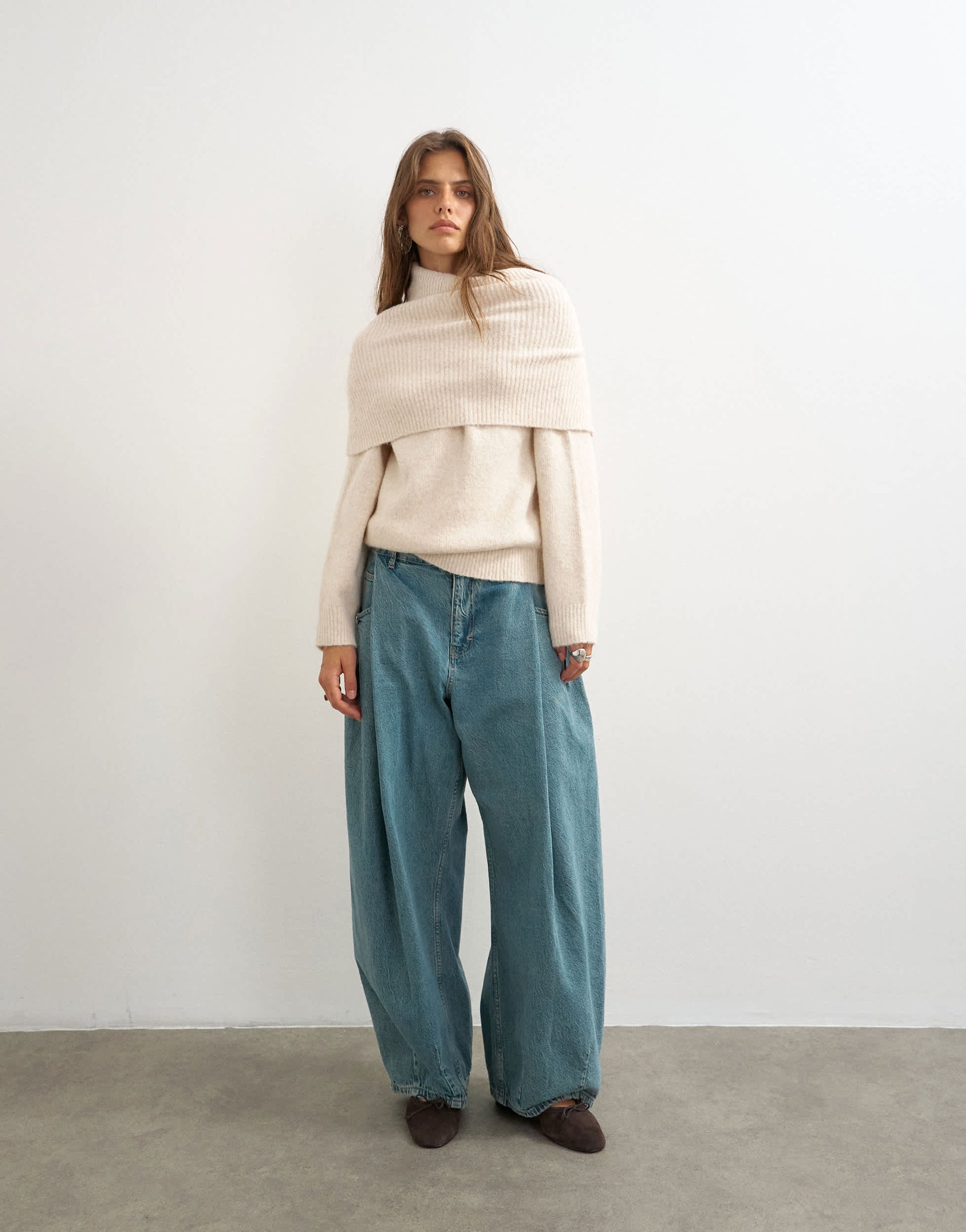 Topshop knitted wool blend deep fold bardot jumper in ivory