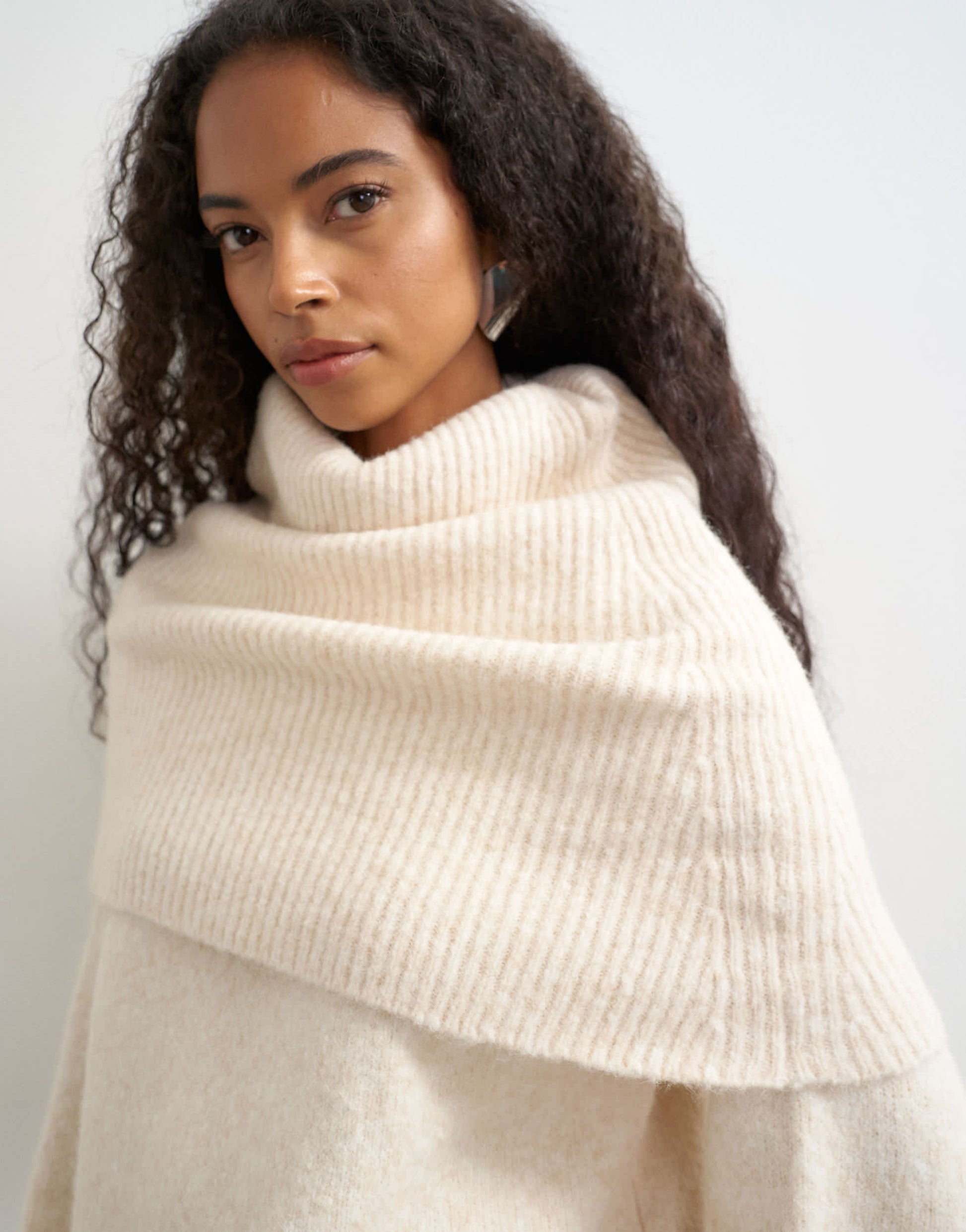 Topshop knitted wool blend deep fold bardot jumper in ivory
