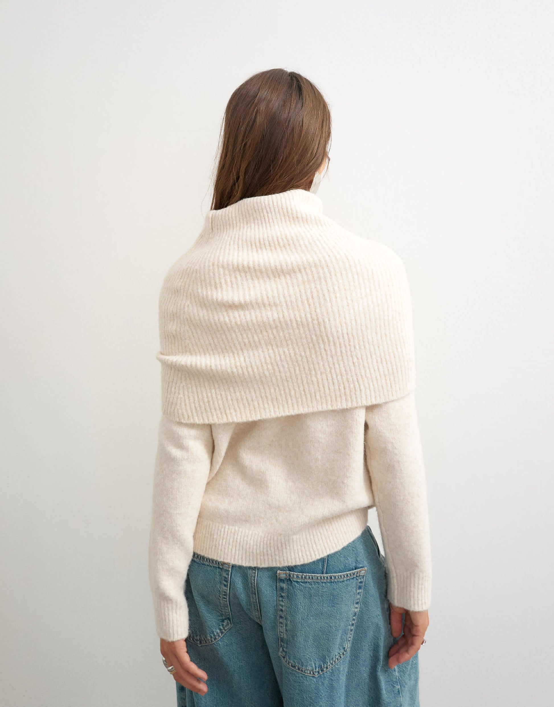 Topshop knitted wool blend deep fold bardot jumper in ivory