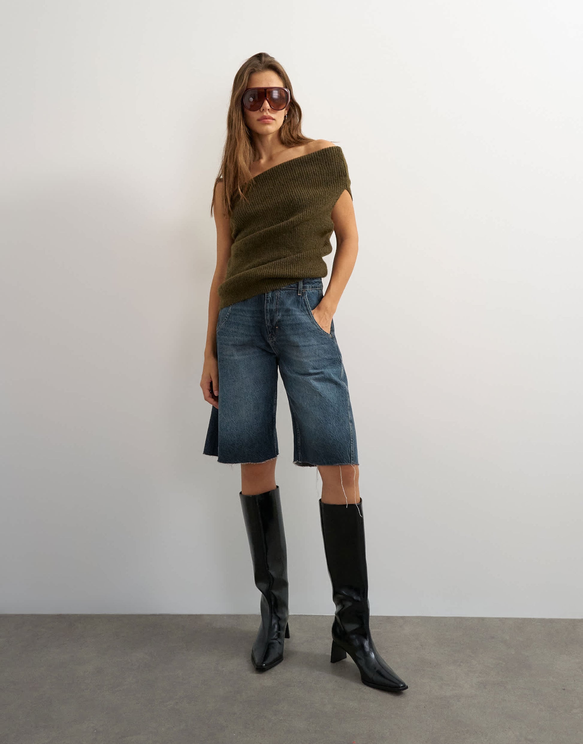 Topshop knitted one shoulder draped top in khaki