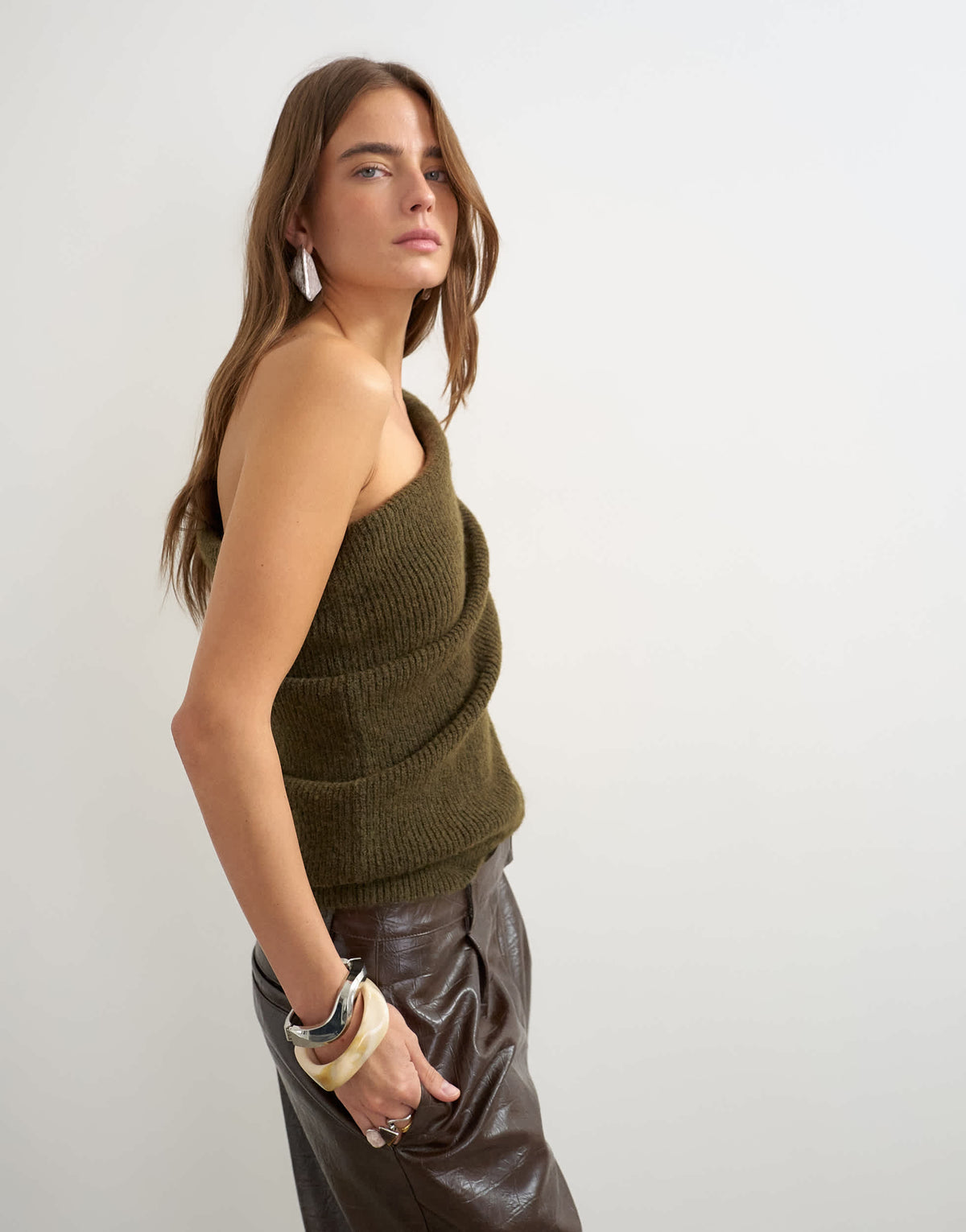 Topshop knitted one shoulder draped top in khaki