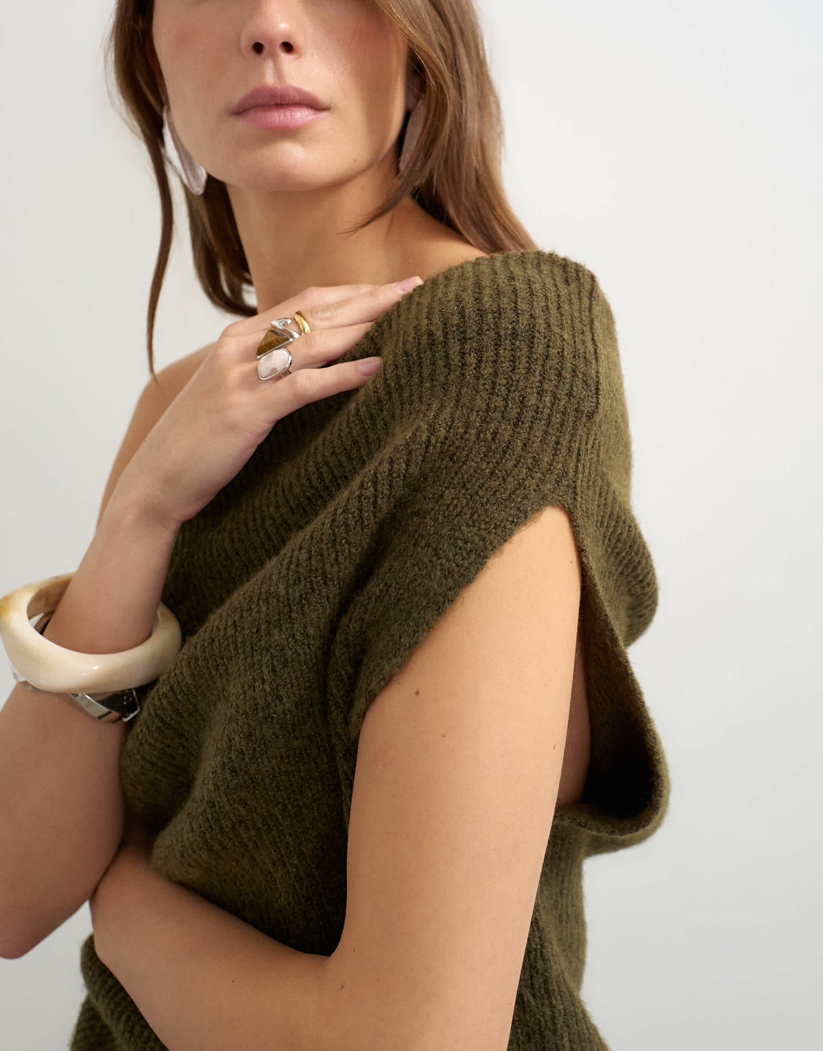 Topshop knitted one shoulder draped top in khaki
