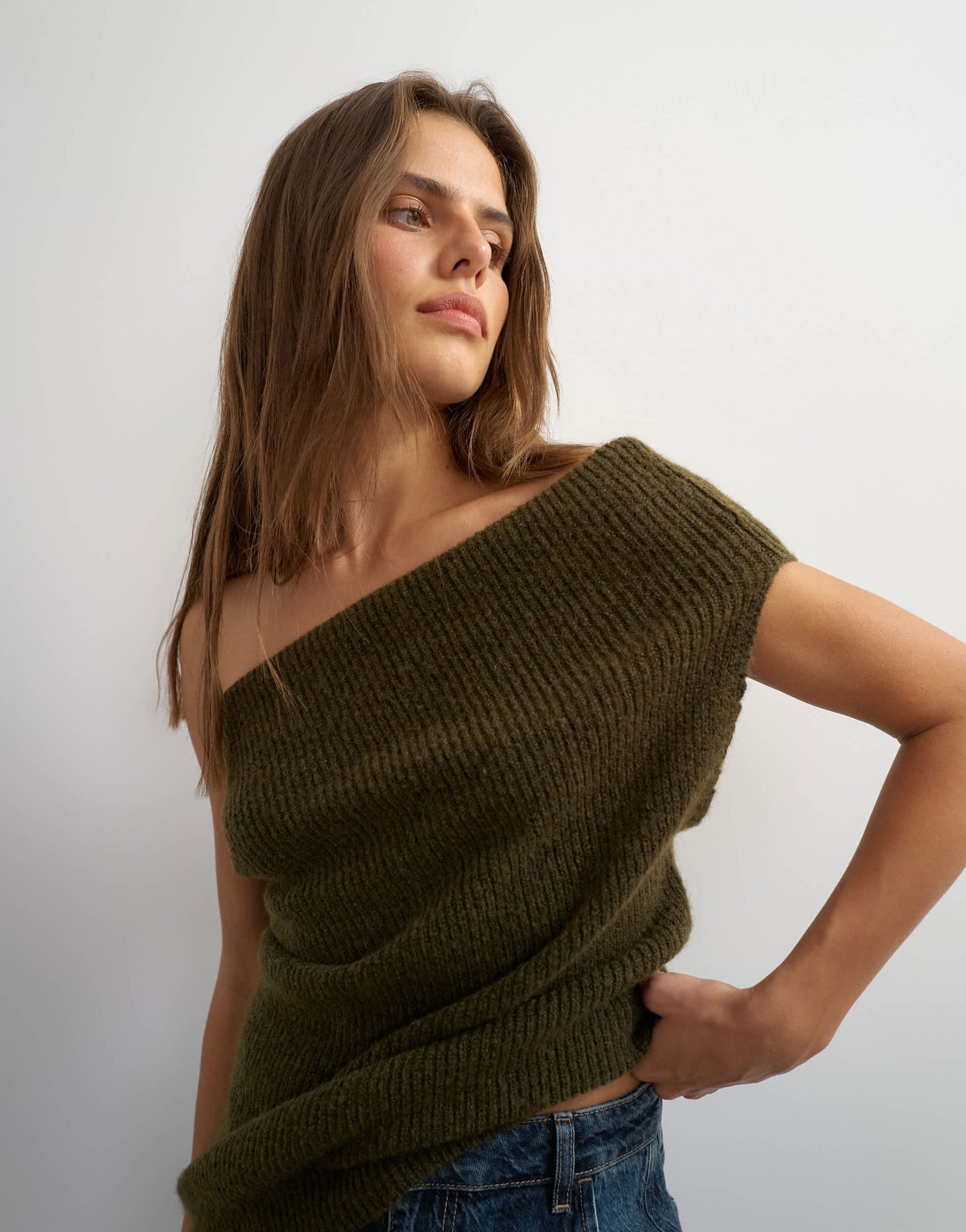 Topshop knitted one shoulder draped top in khaki