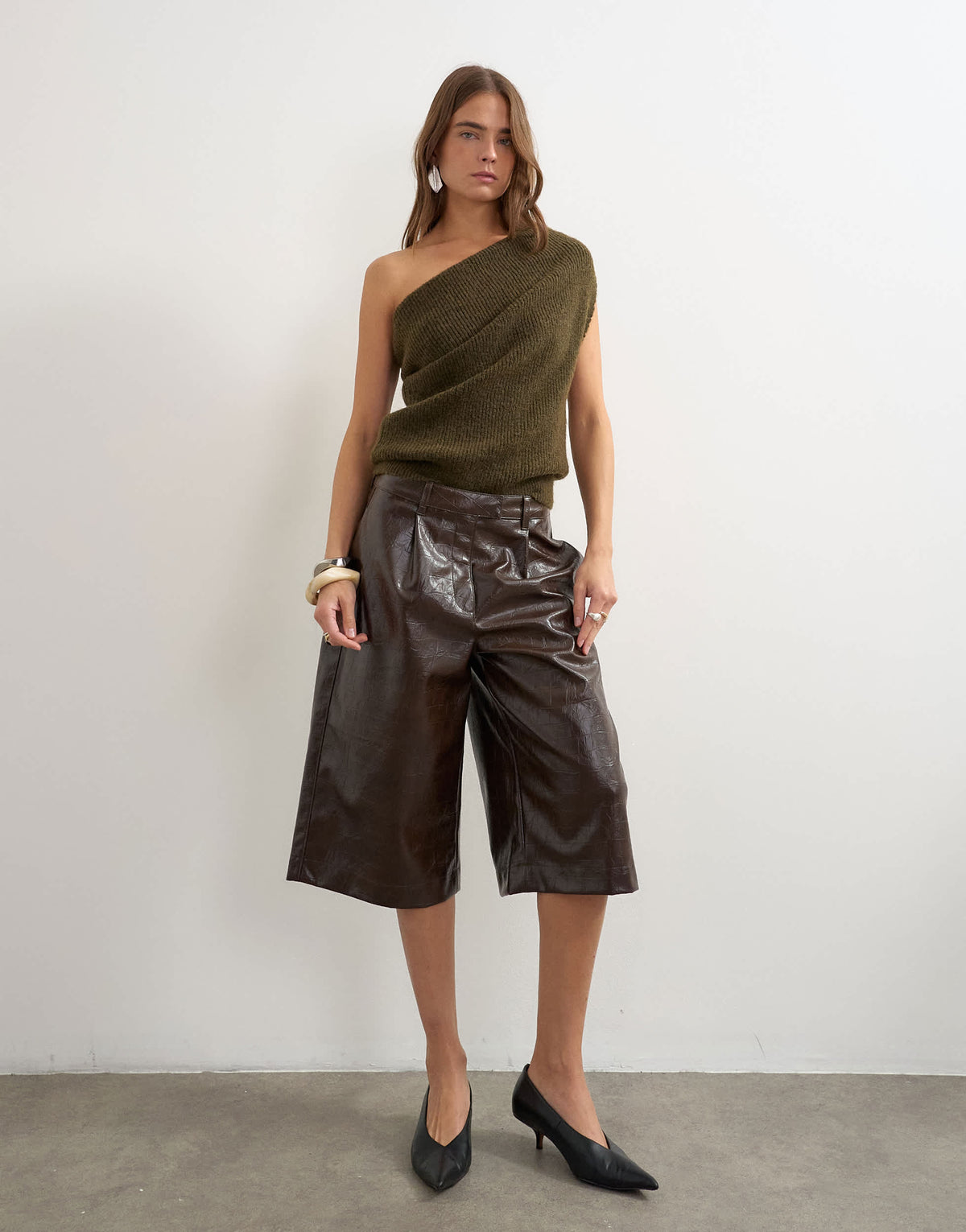 Topshop knitted one shoulder draped top in khaki