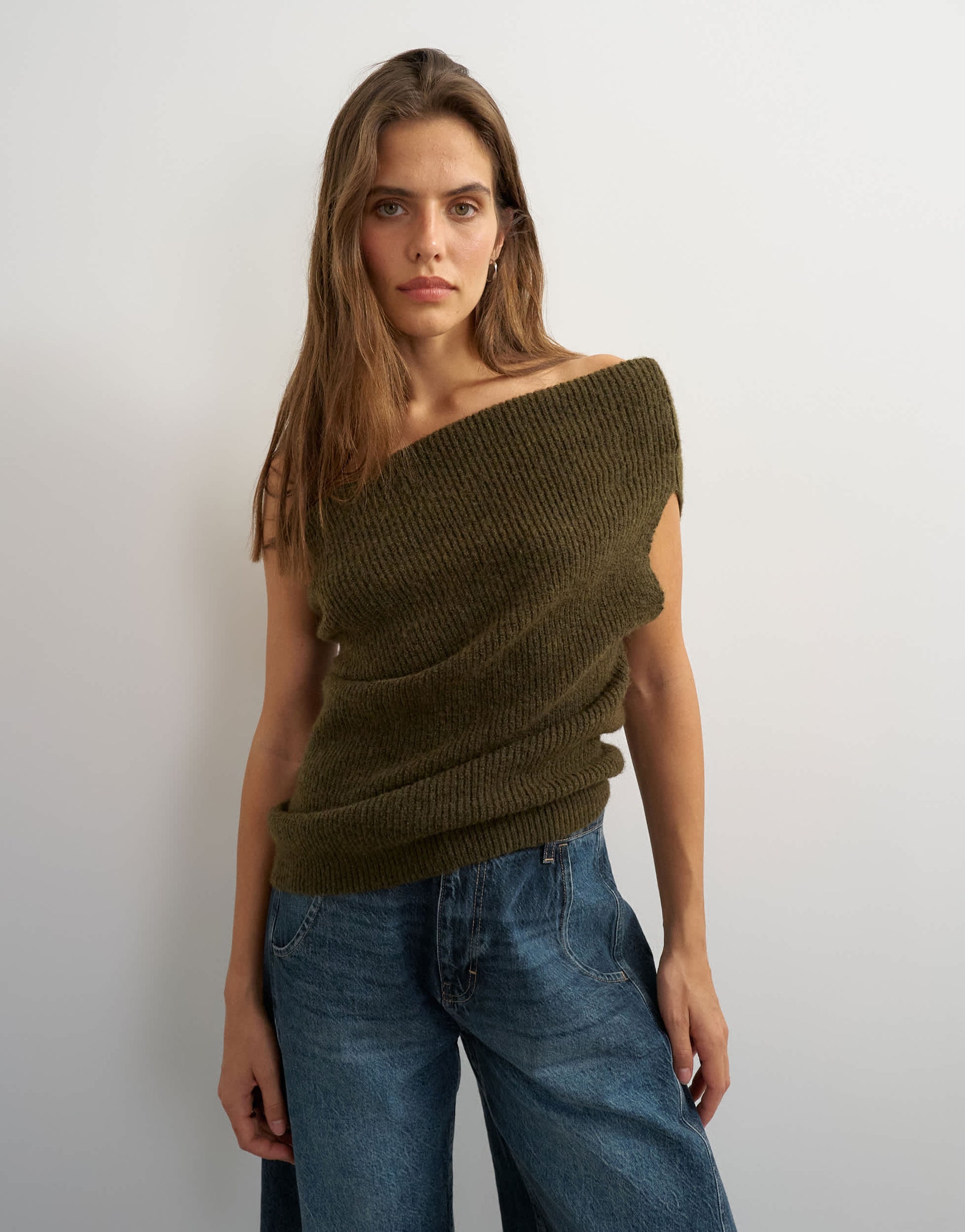 Topshop knitted one shoulder draped top in khaki