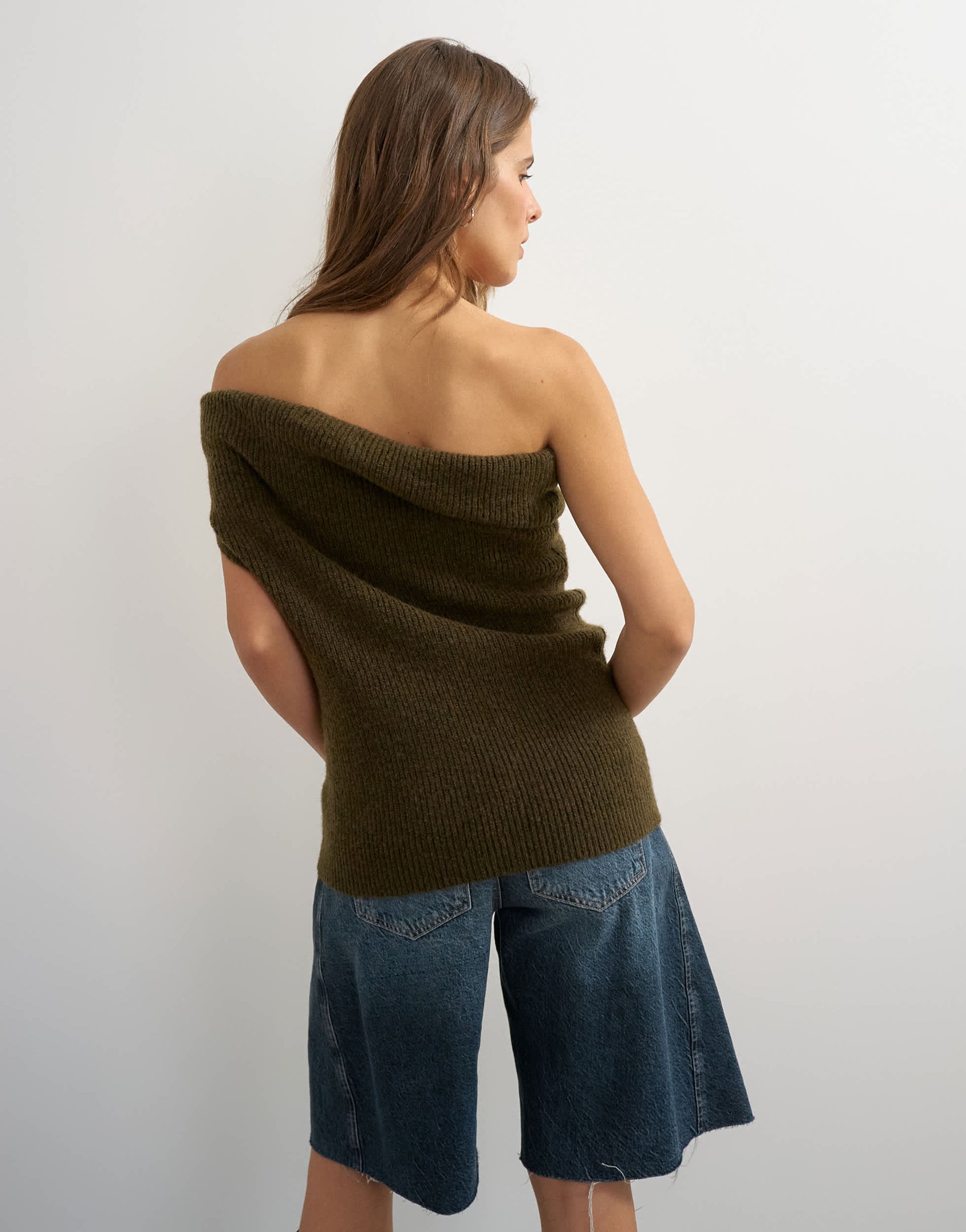 Topshop knitted one shoulder draped top in khaki
