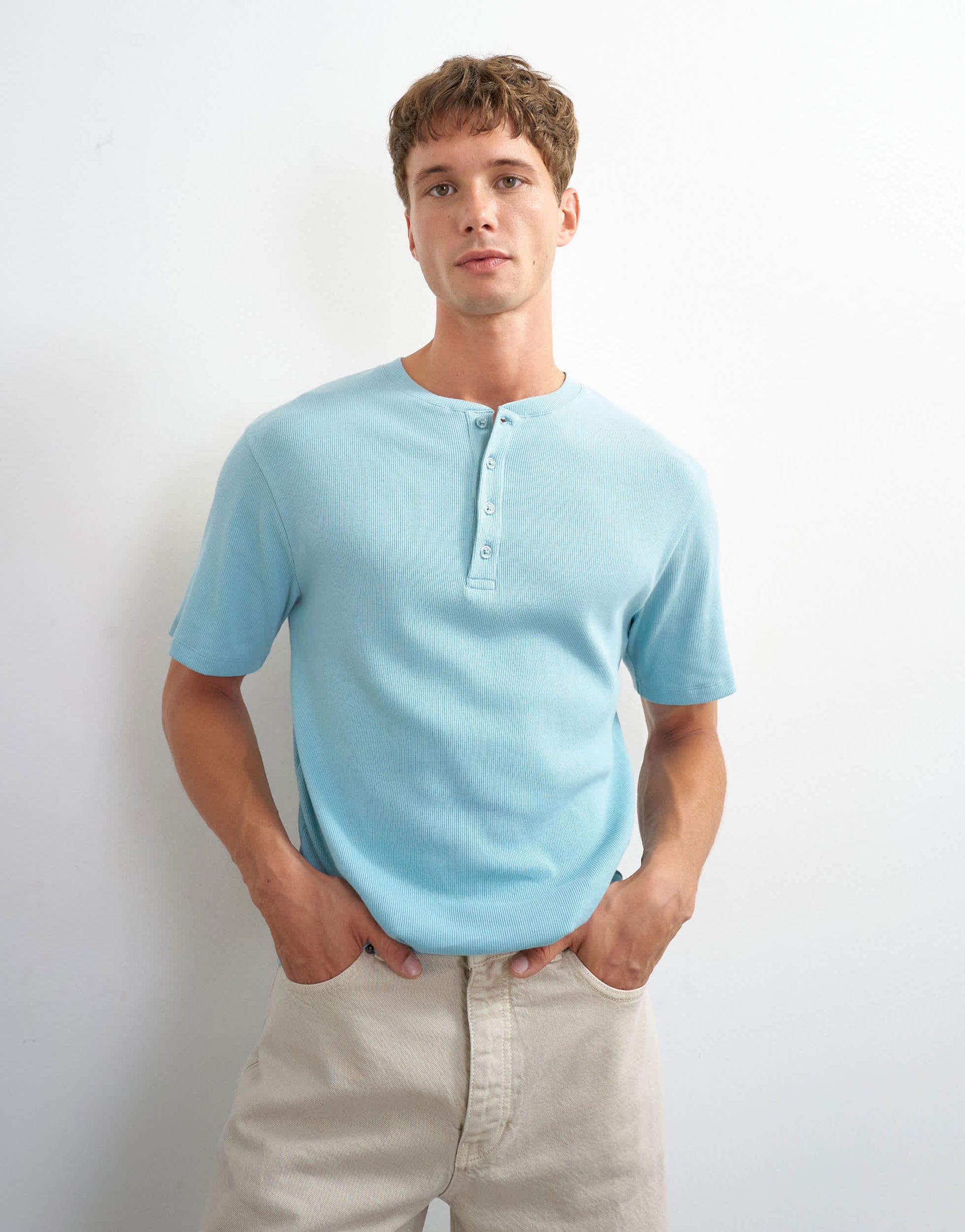 Topman slim fit rib henley t-shirt in light blue