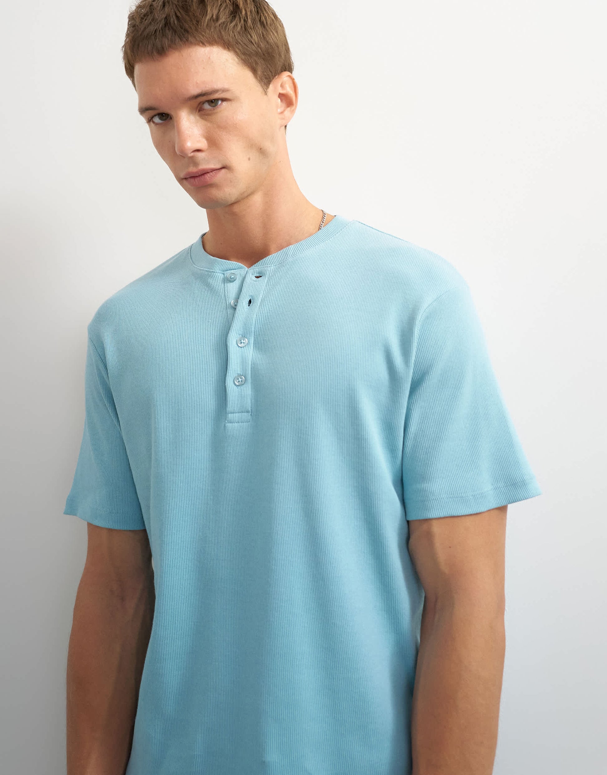 Topman slim fit rib henley t-shirt in light blue