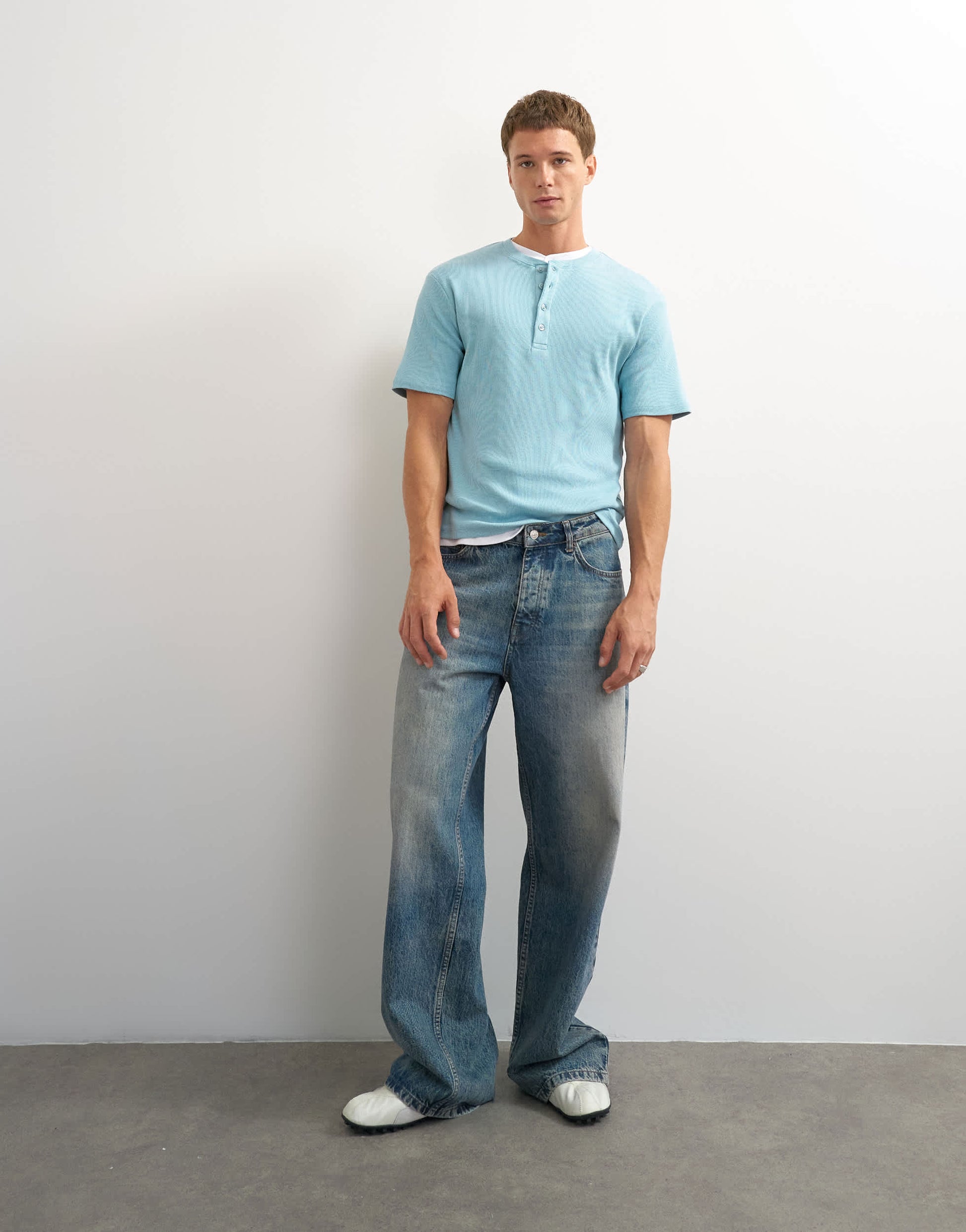 Topman slim fit rib henley t-shirt in light blue