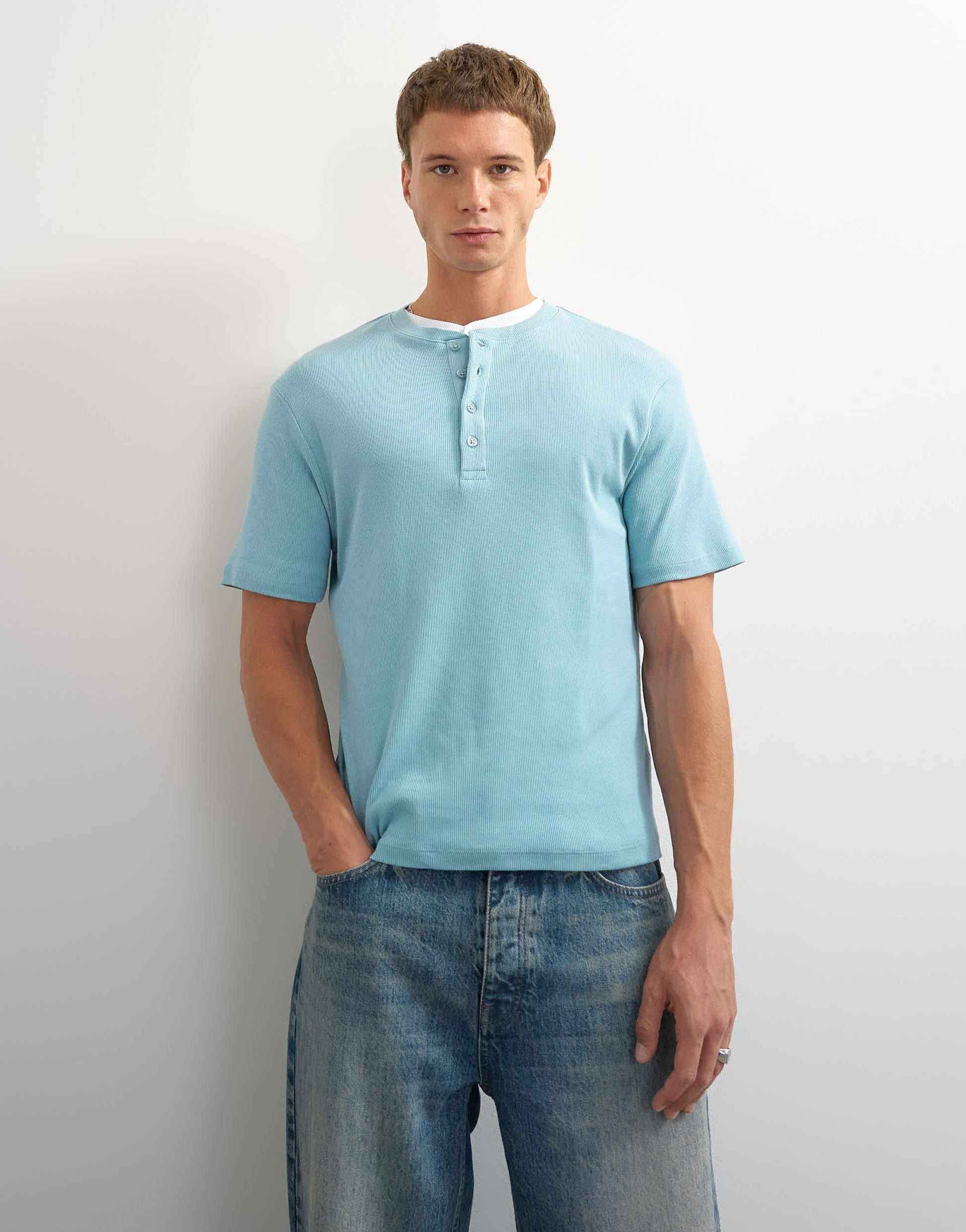 Topman slim fit rib henley t-shirt in light blue
