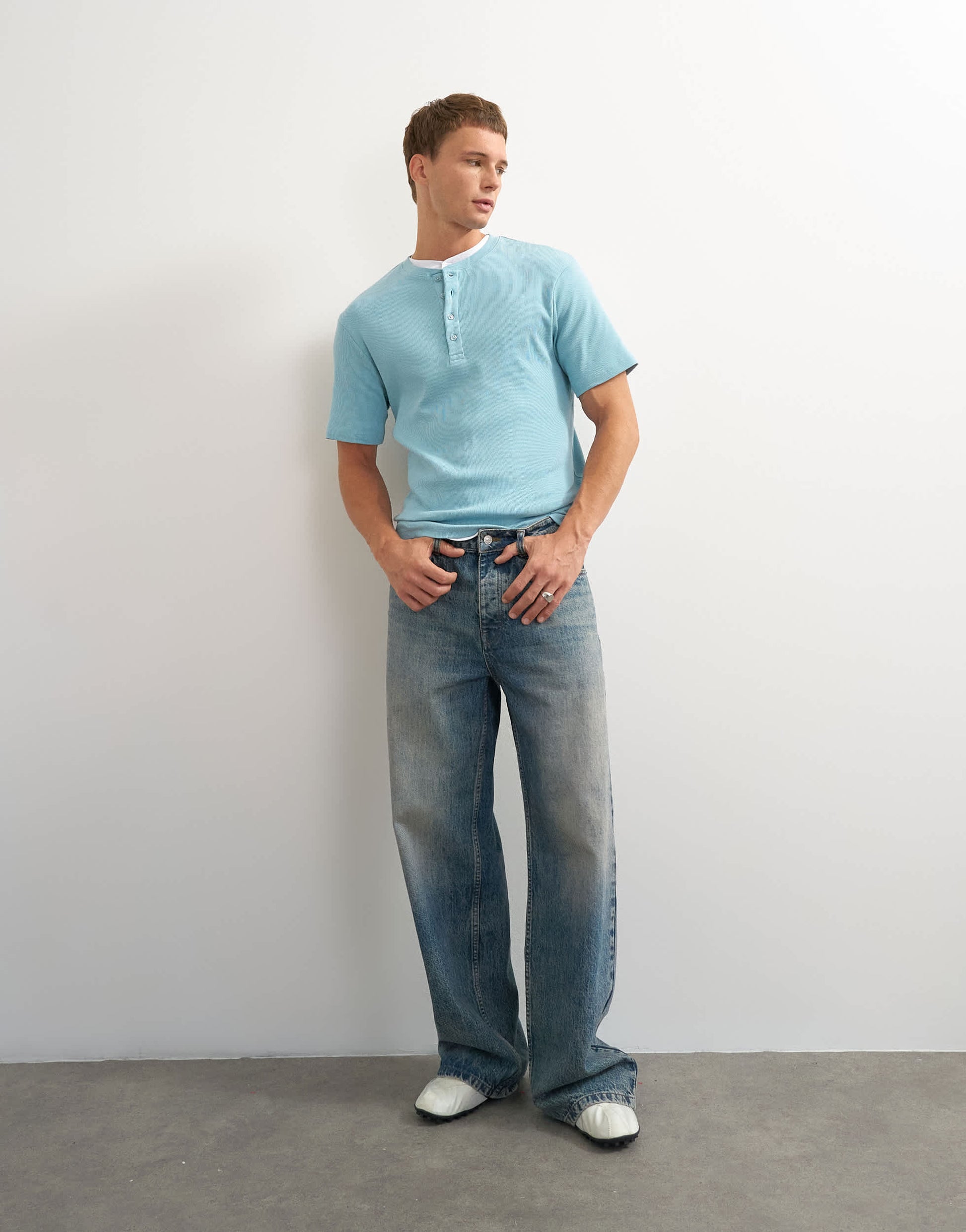 Topman slim fit rib henley t-shirt in light blue