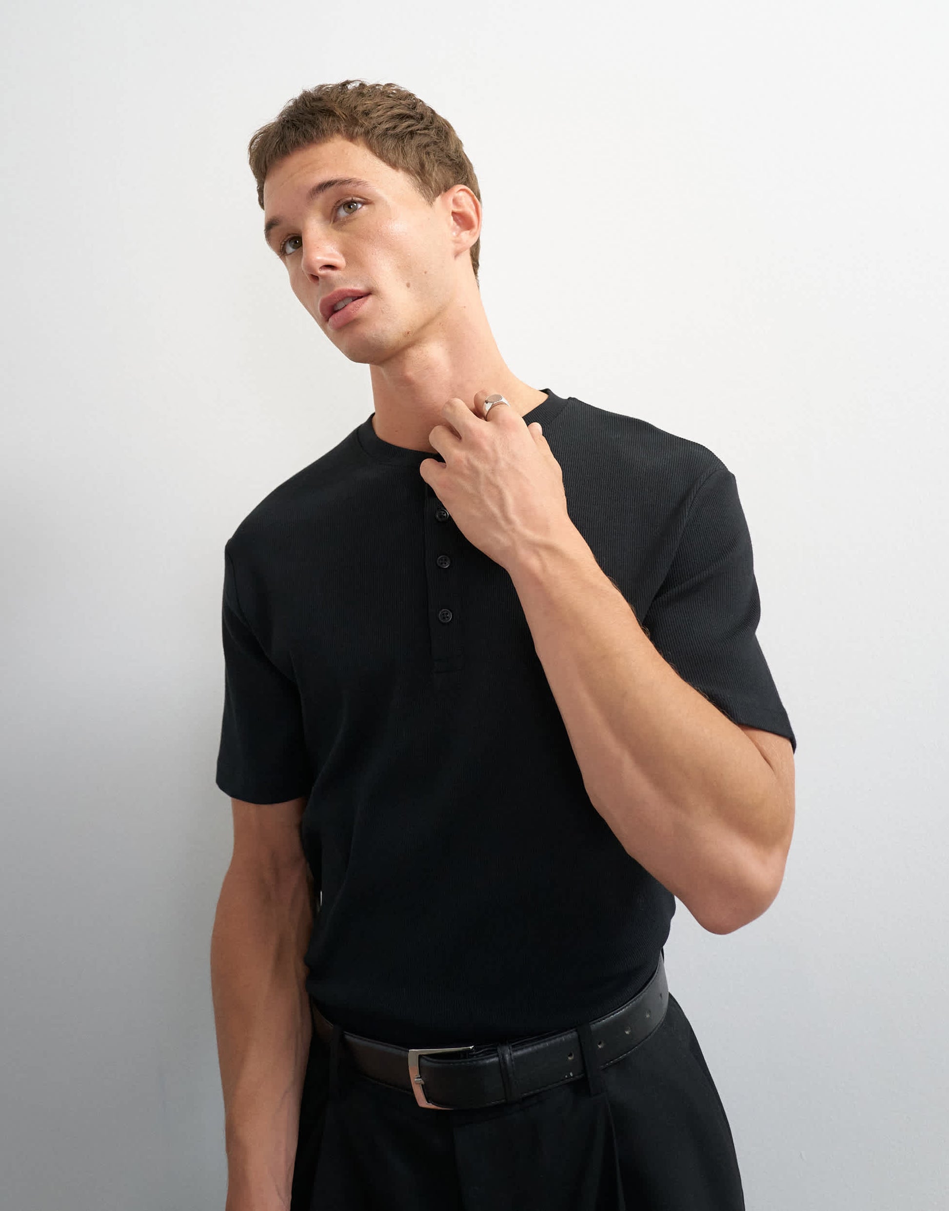 Topman slim fit rib henley t-shirt in black
