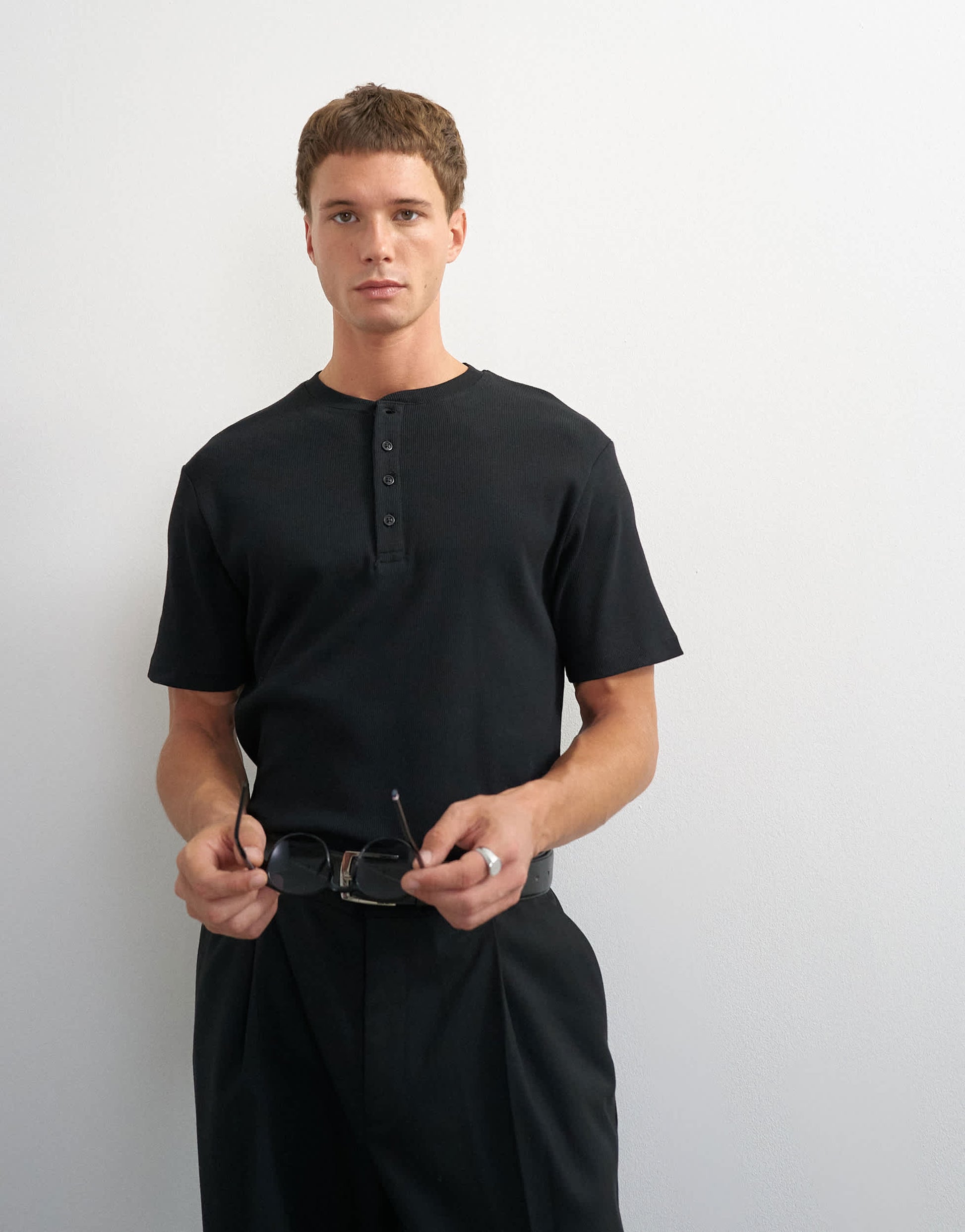 Topman slim fit rib henley t-shirt in black