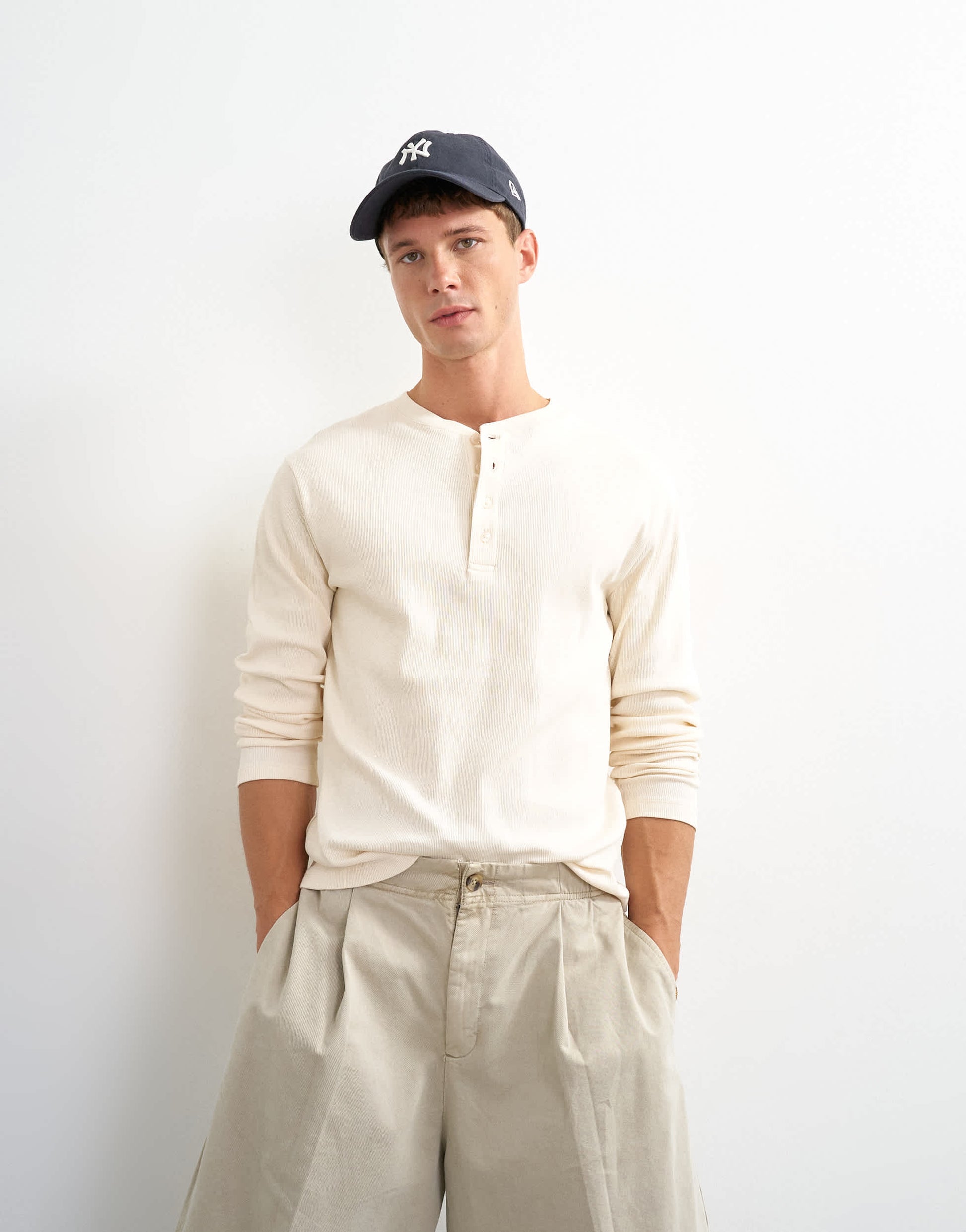 Topman slim fit long sleeve rib henley t-shirt in ecru