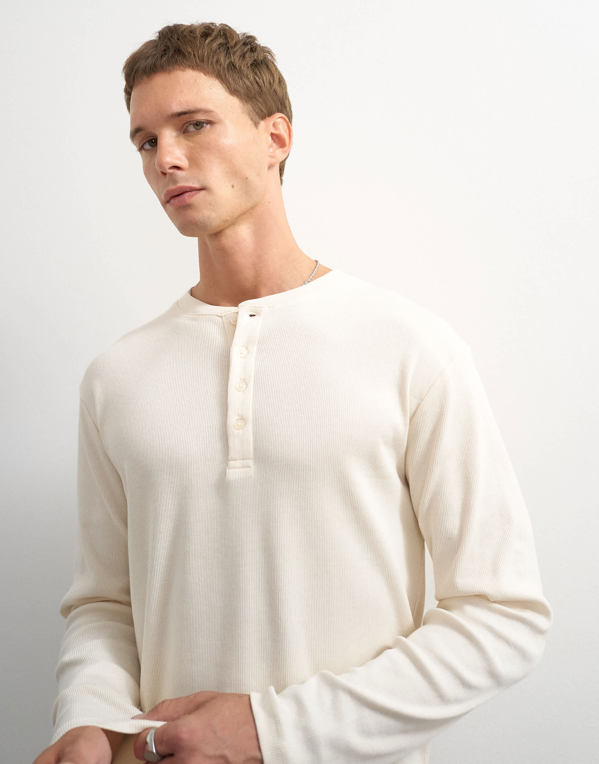 Topman slim fit long sleeve rib henley t-shirt in ecru