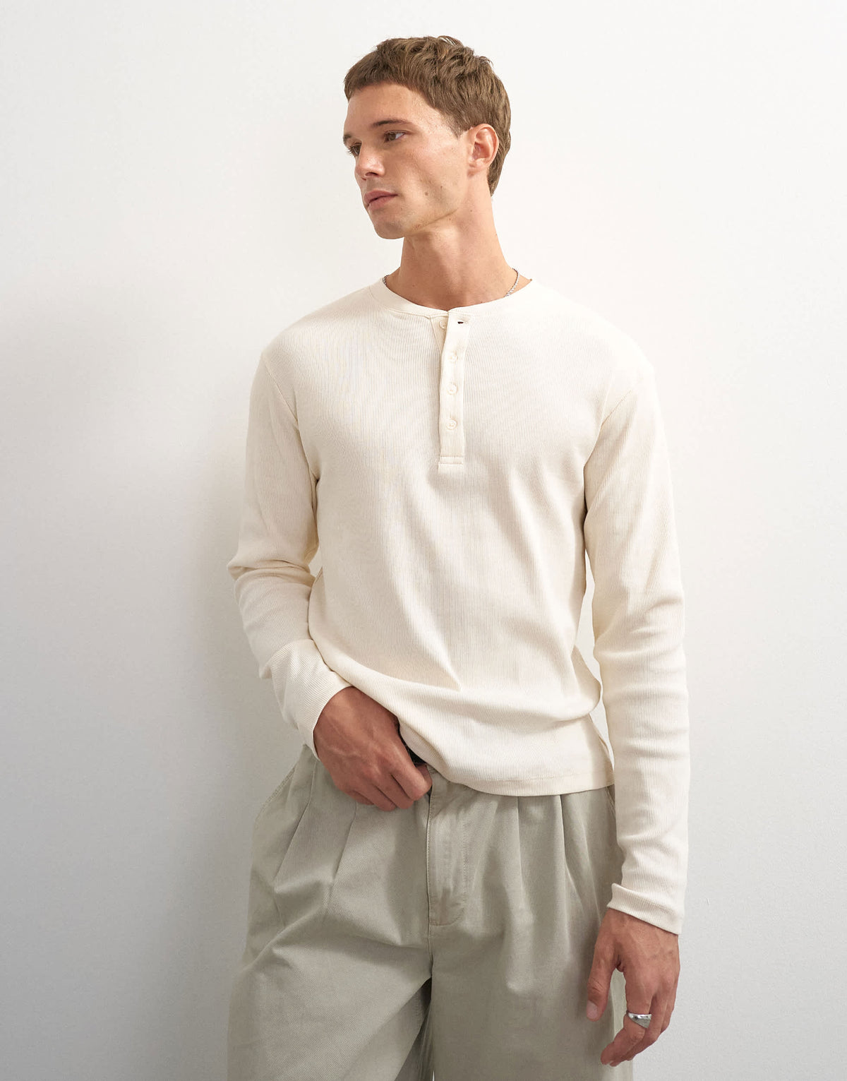 Topman slim fit long sleeve rib henley t-shirt in ecru
