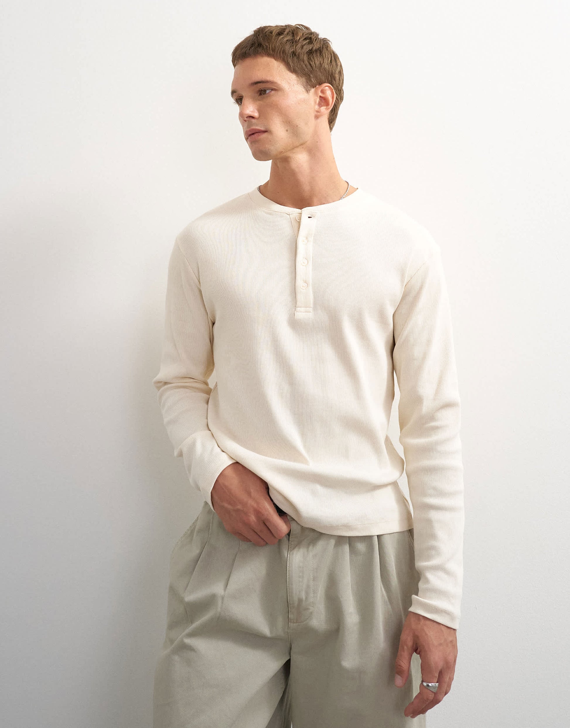 Topman slim fit long sleeve rib henley t-shirt in ecru