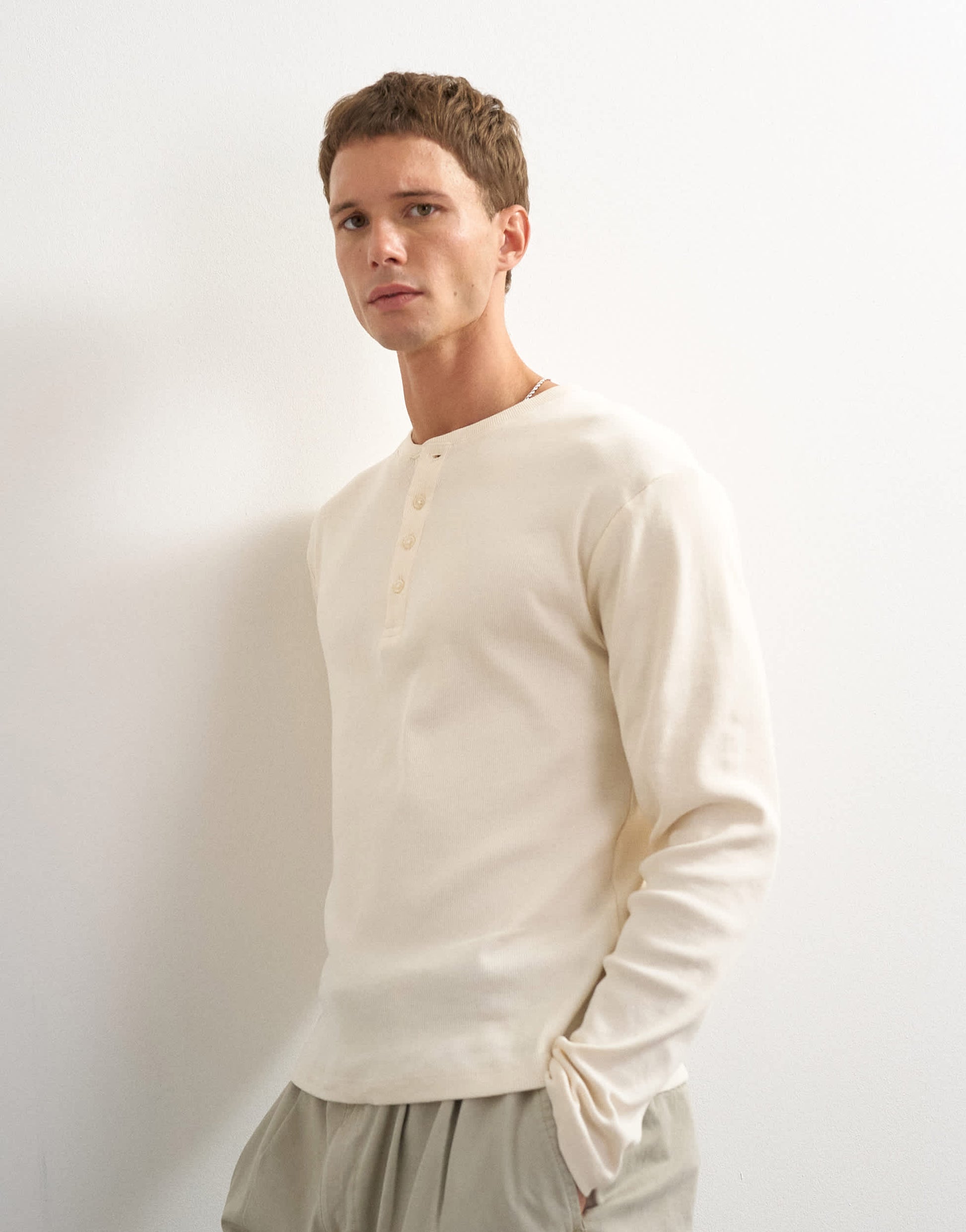 Topman slim fit long sleeve rib henley t-shirt in ecru
