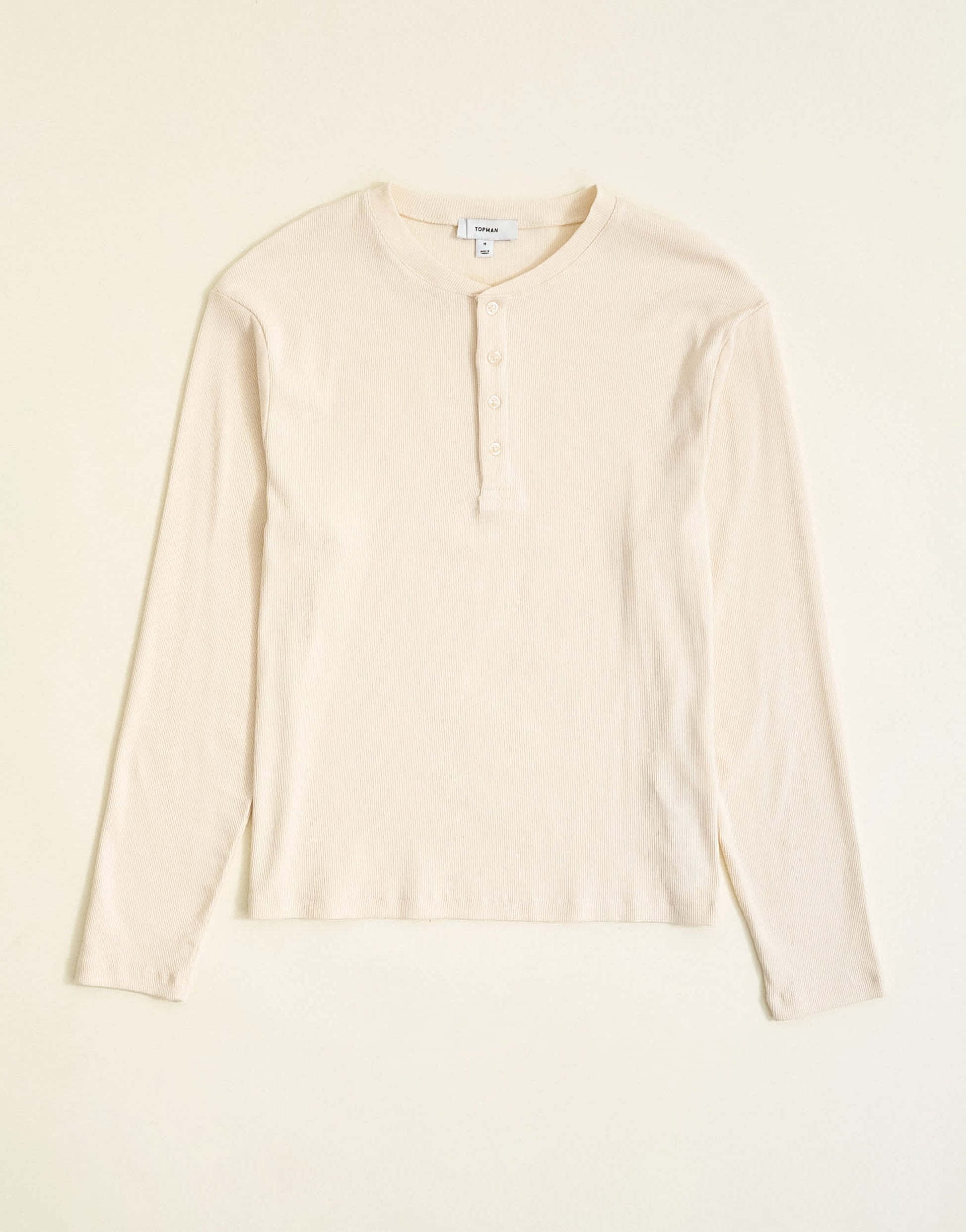 Topman slim fit long sleeve rib henley t-shirt in ecru