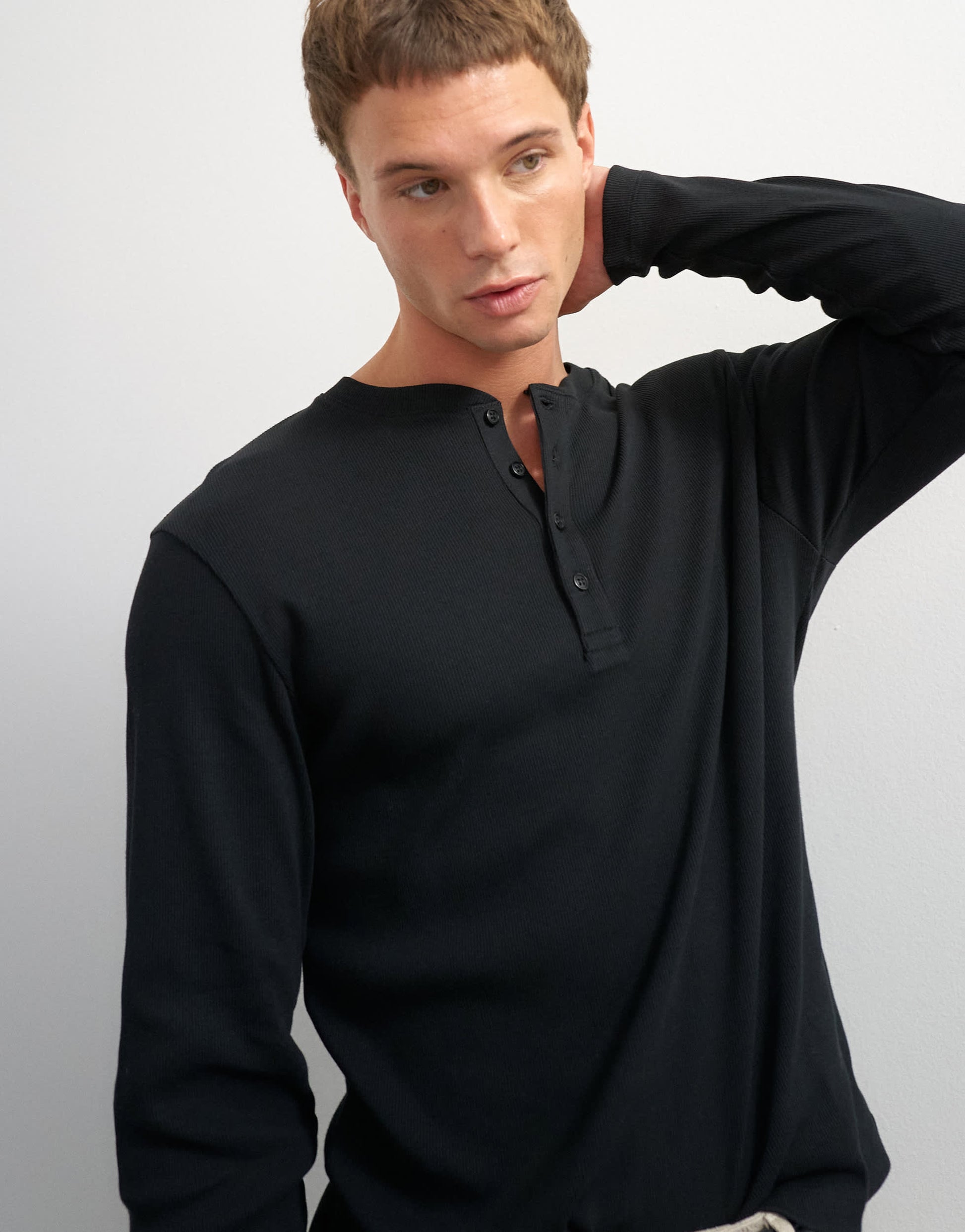 Topman slim fit long sleeve rib henley t-shirt in black