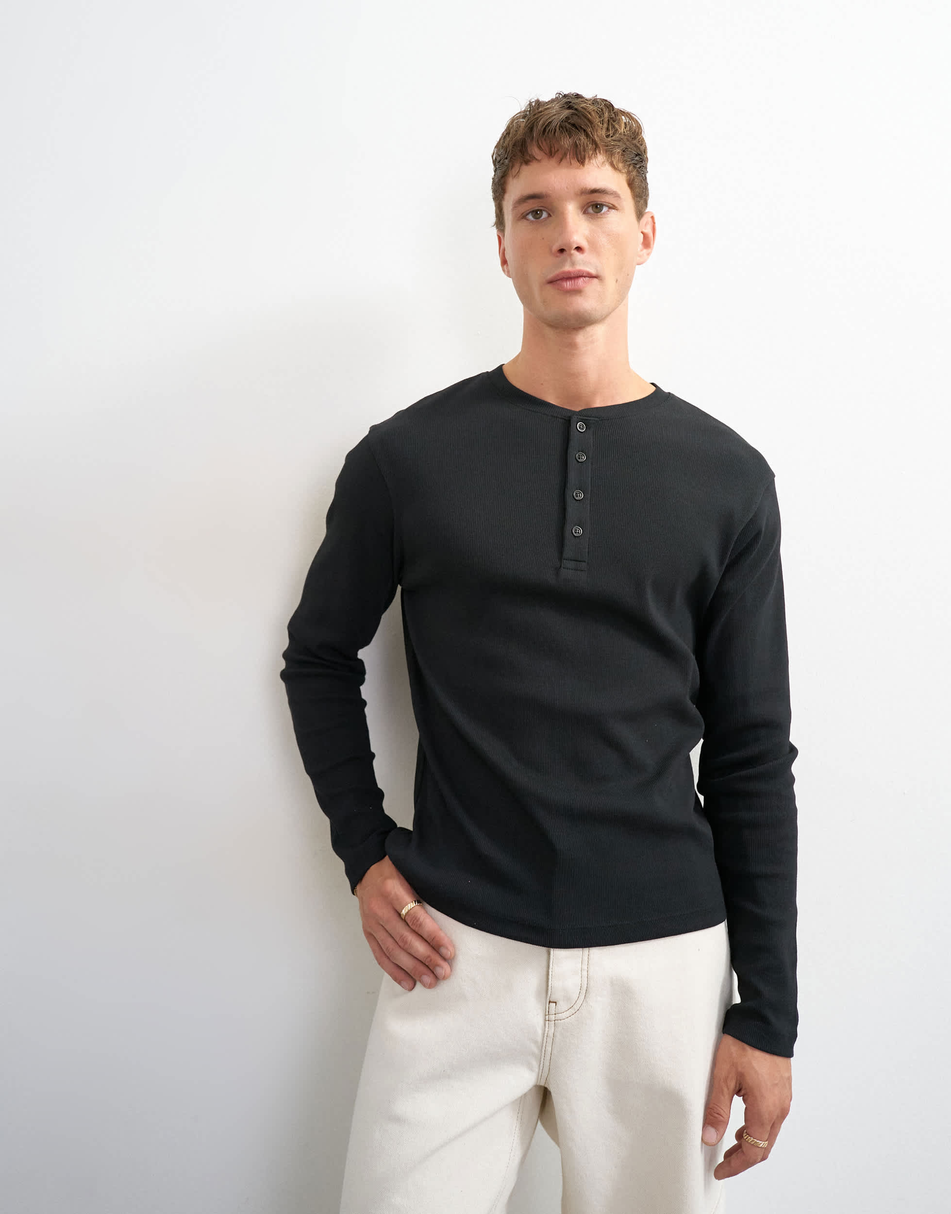 Topman slim fit long sleeve rib henley t-shirt in black