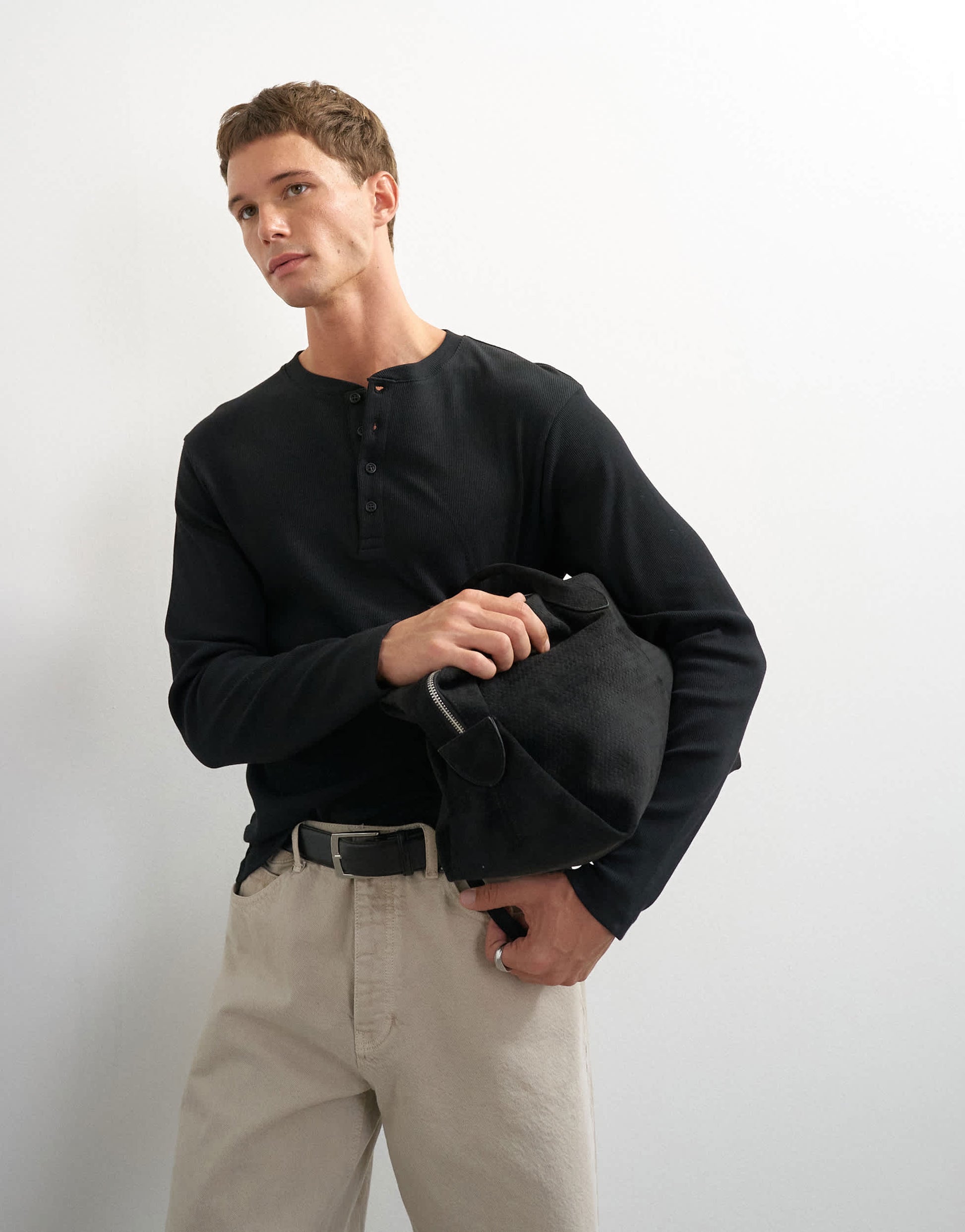 Topman slim fit long sleeve rib henley t-shirt in black