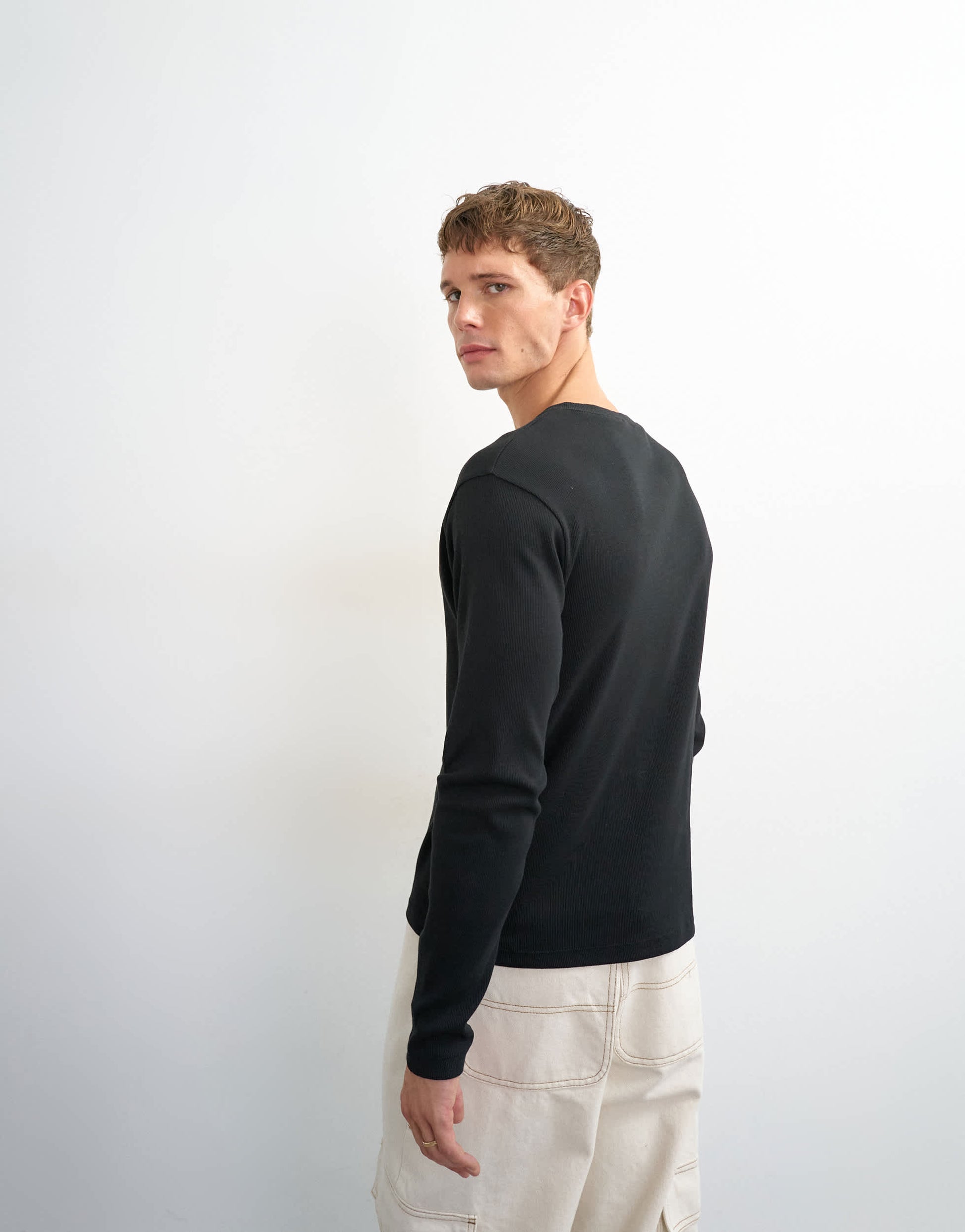 Topman slim fit long sleeve rib henley t-shirt in black
