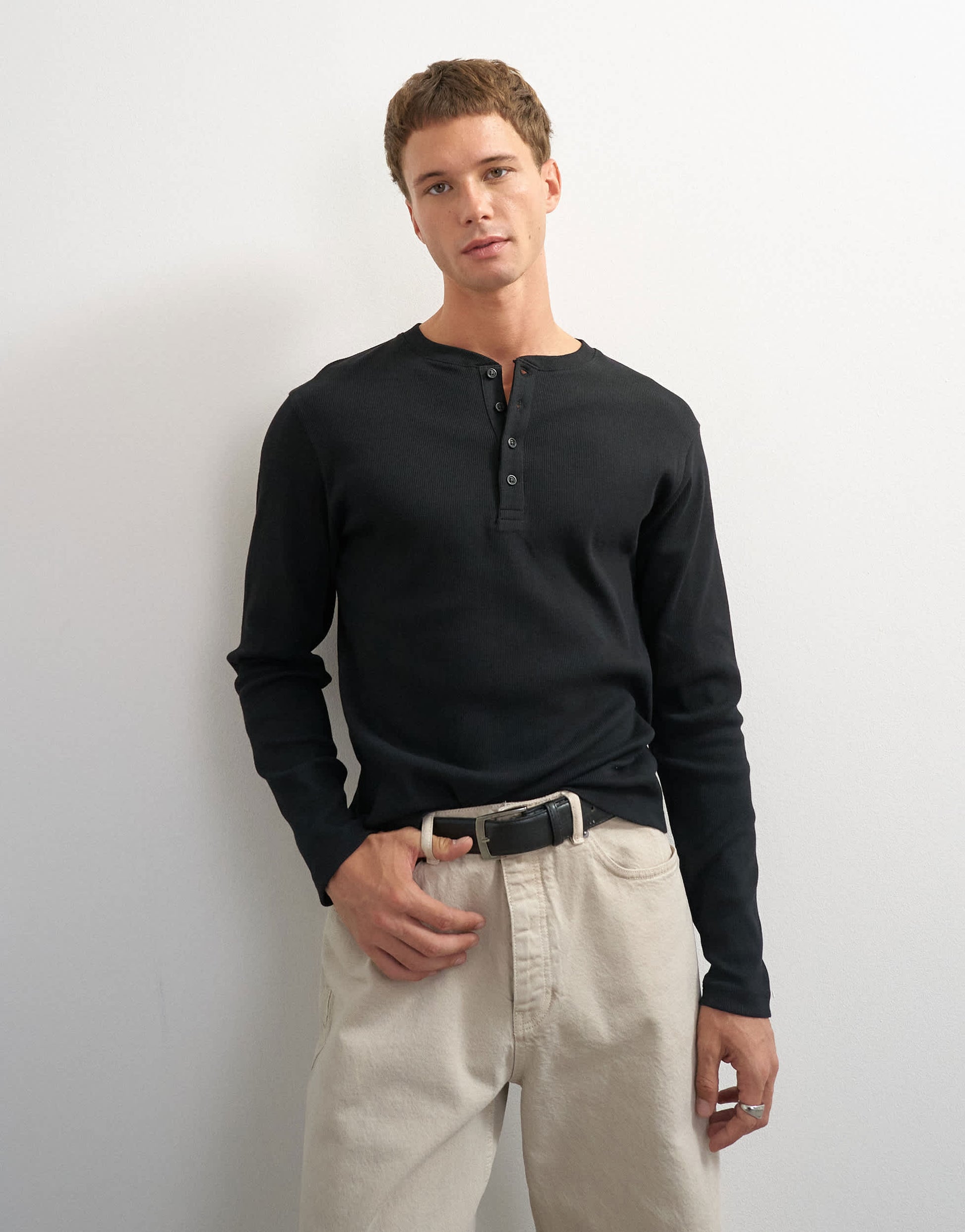 Topman slim fit long sleeve rib henley t-shirt in black