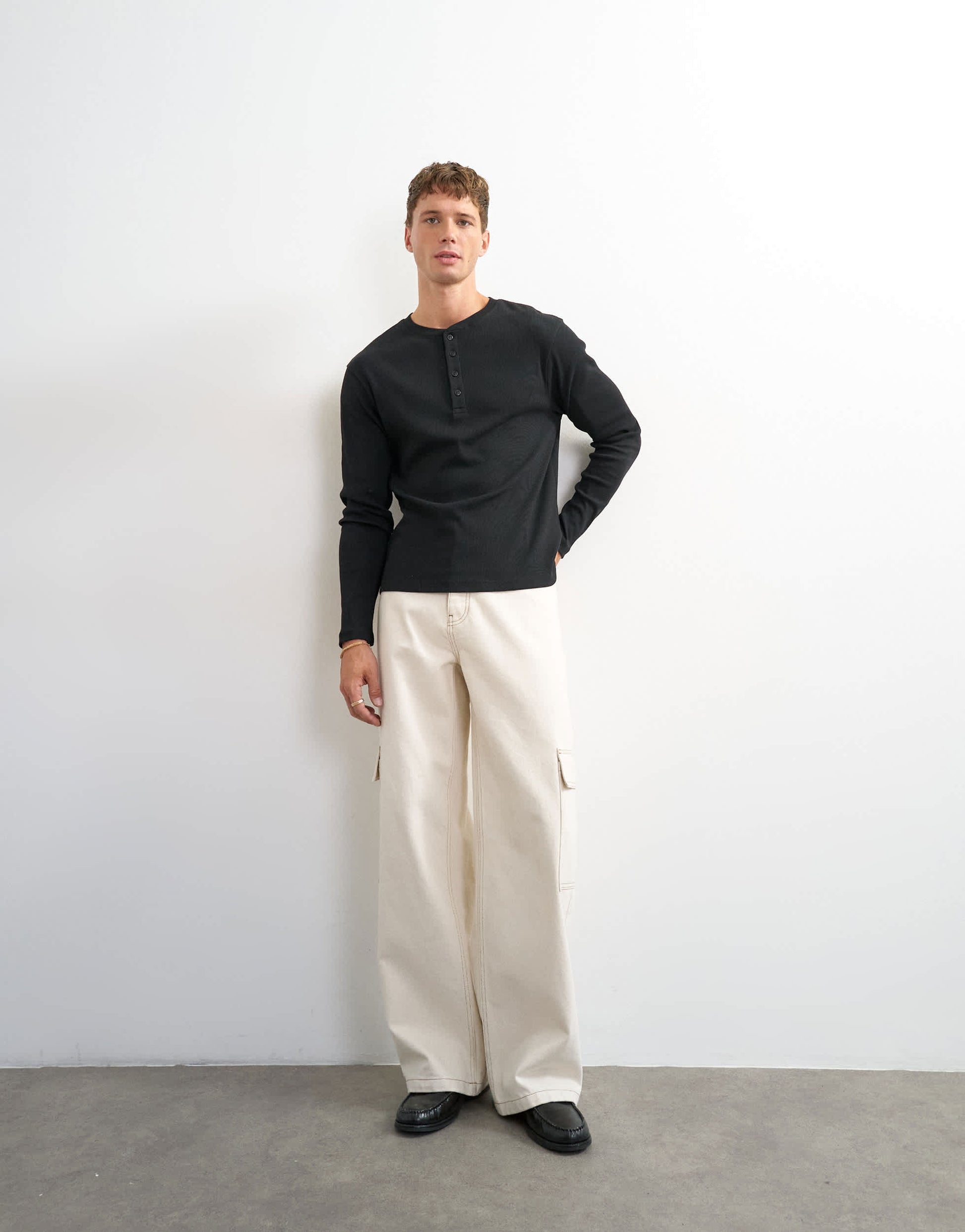 Topman slim fit long sleeve rib henley t-shirt in black