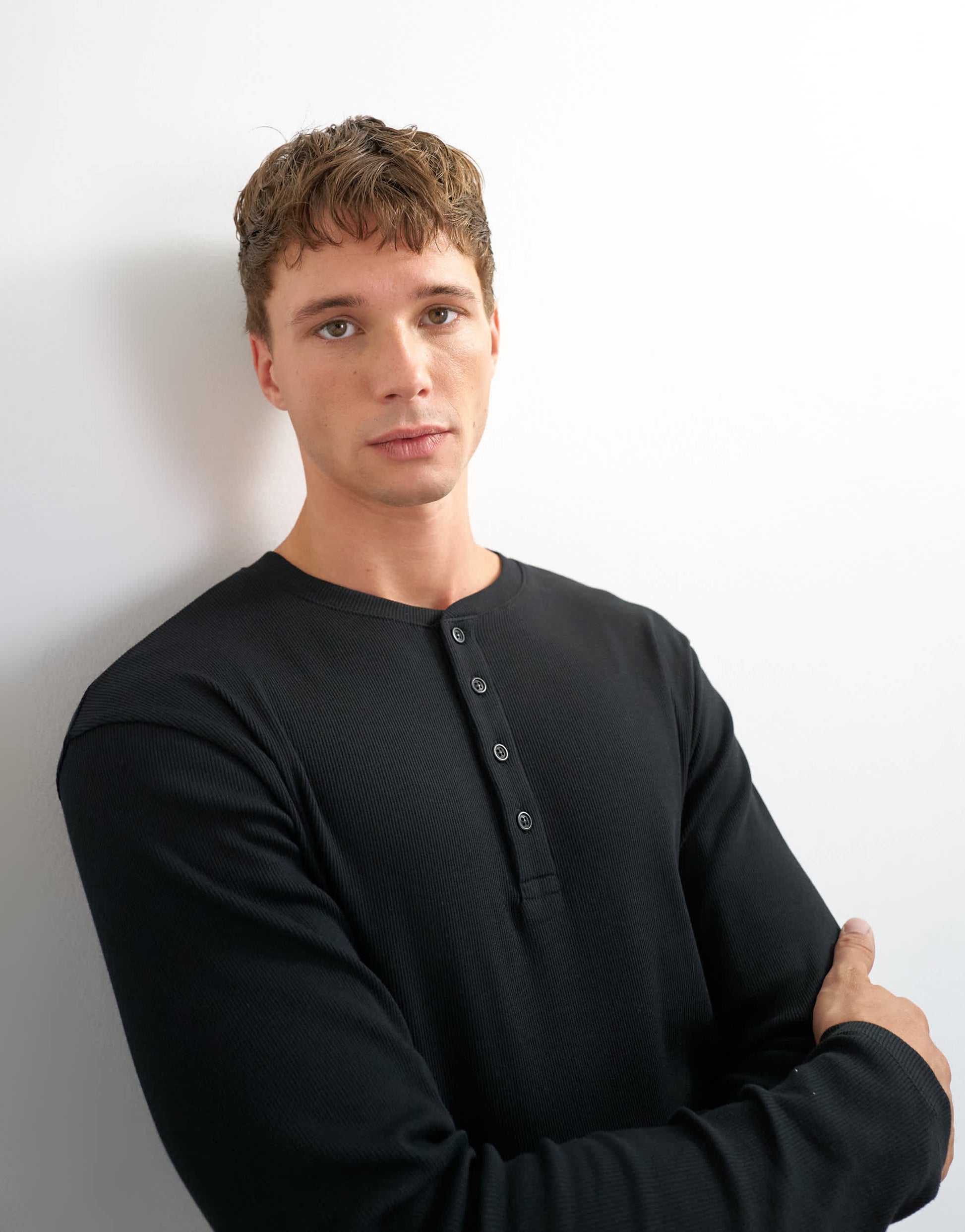 Topman slim fit long sleeve rib henley t-shirt in black
