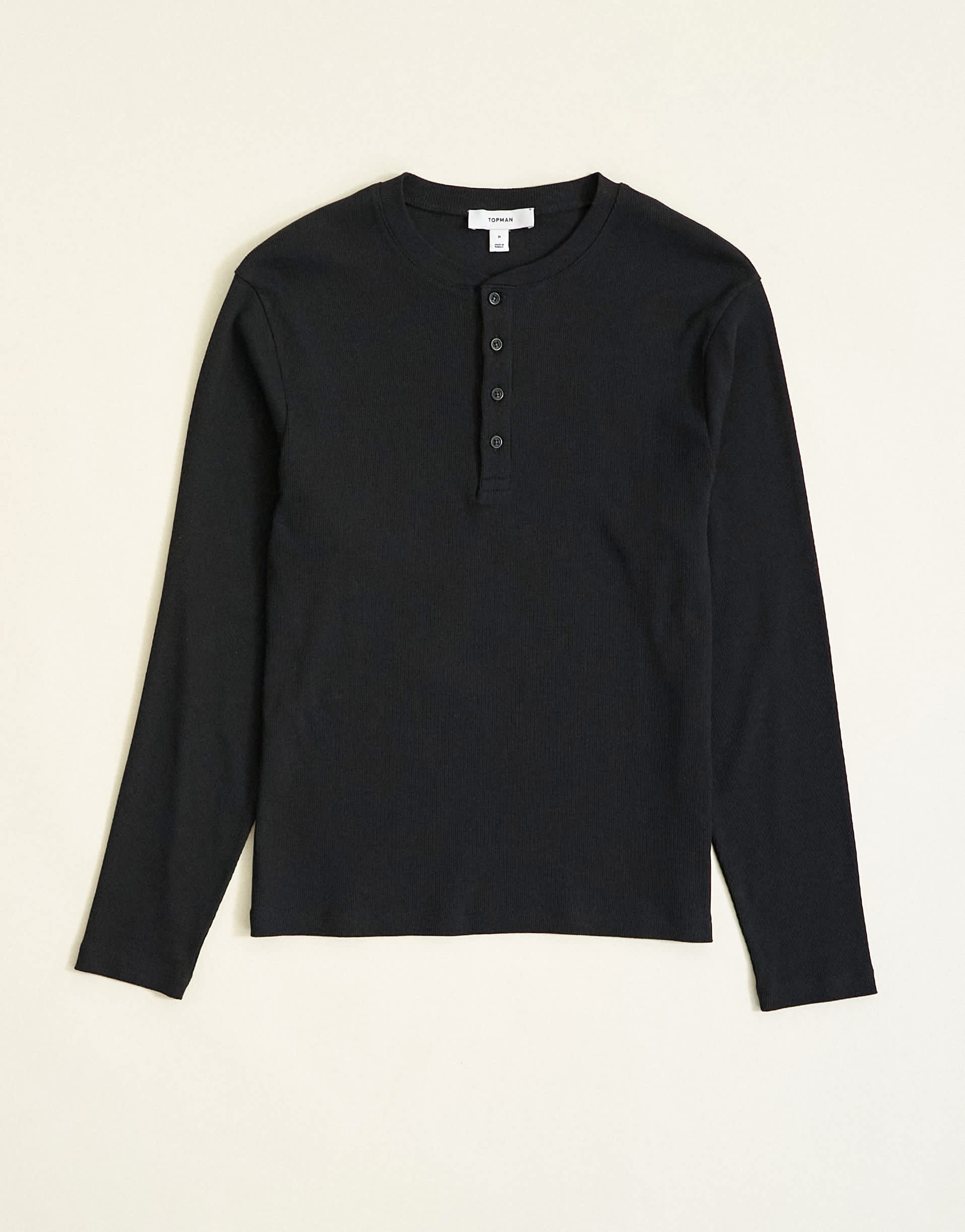 Topman slim fit long sleeve rib henley t-shirt in black