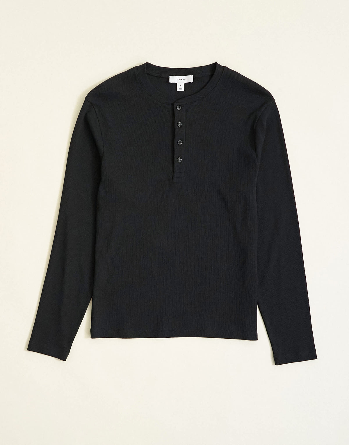 Topman slim fit long sleeve rib henley t-shirt in black