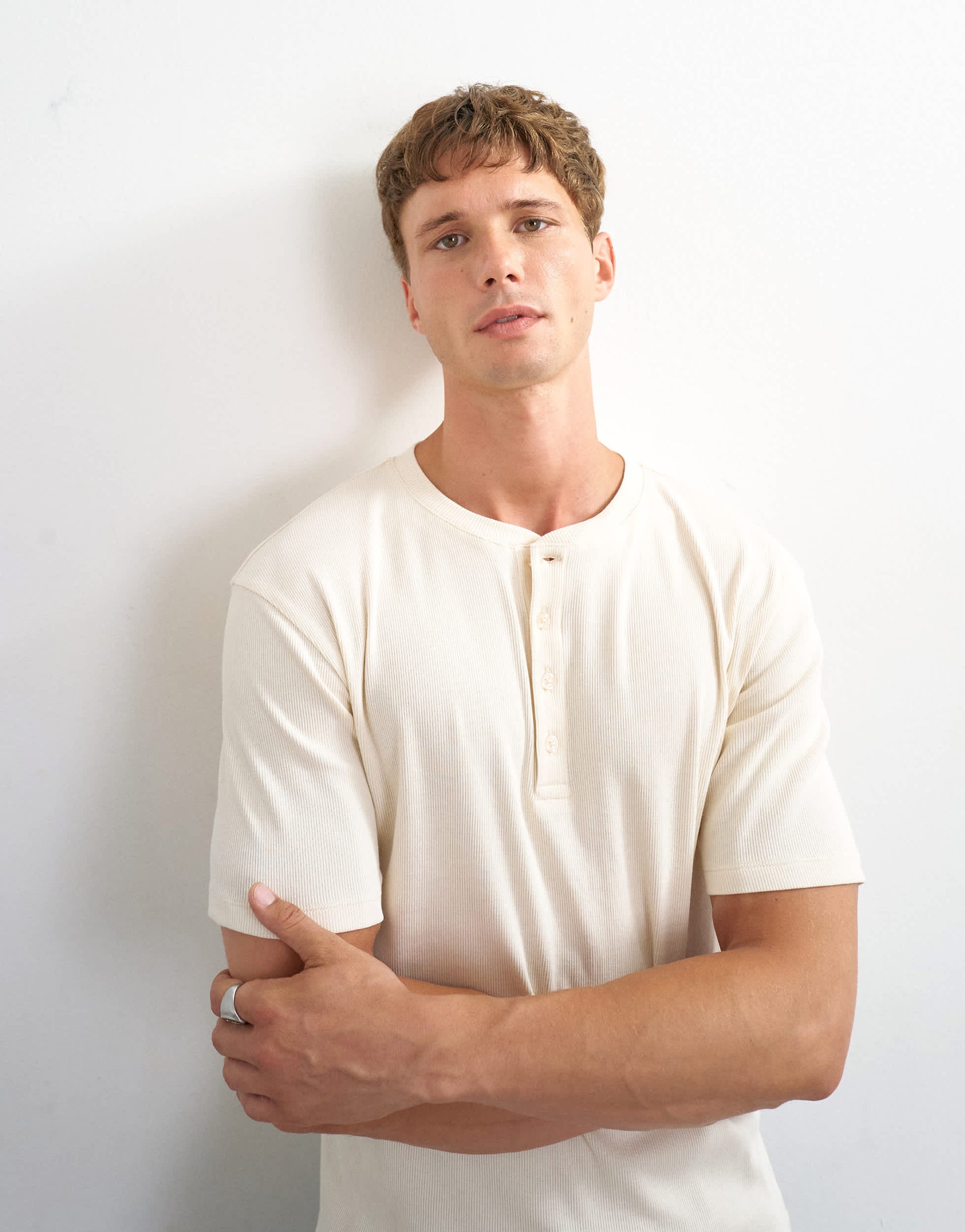 Topman slim fit rib henley t-shirt in ecru