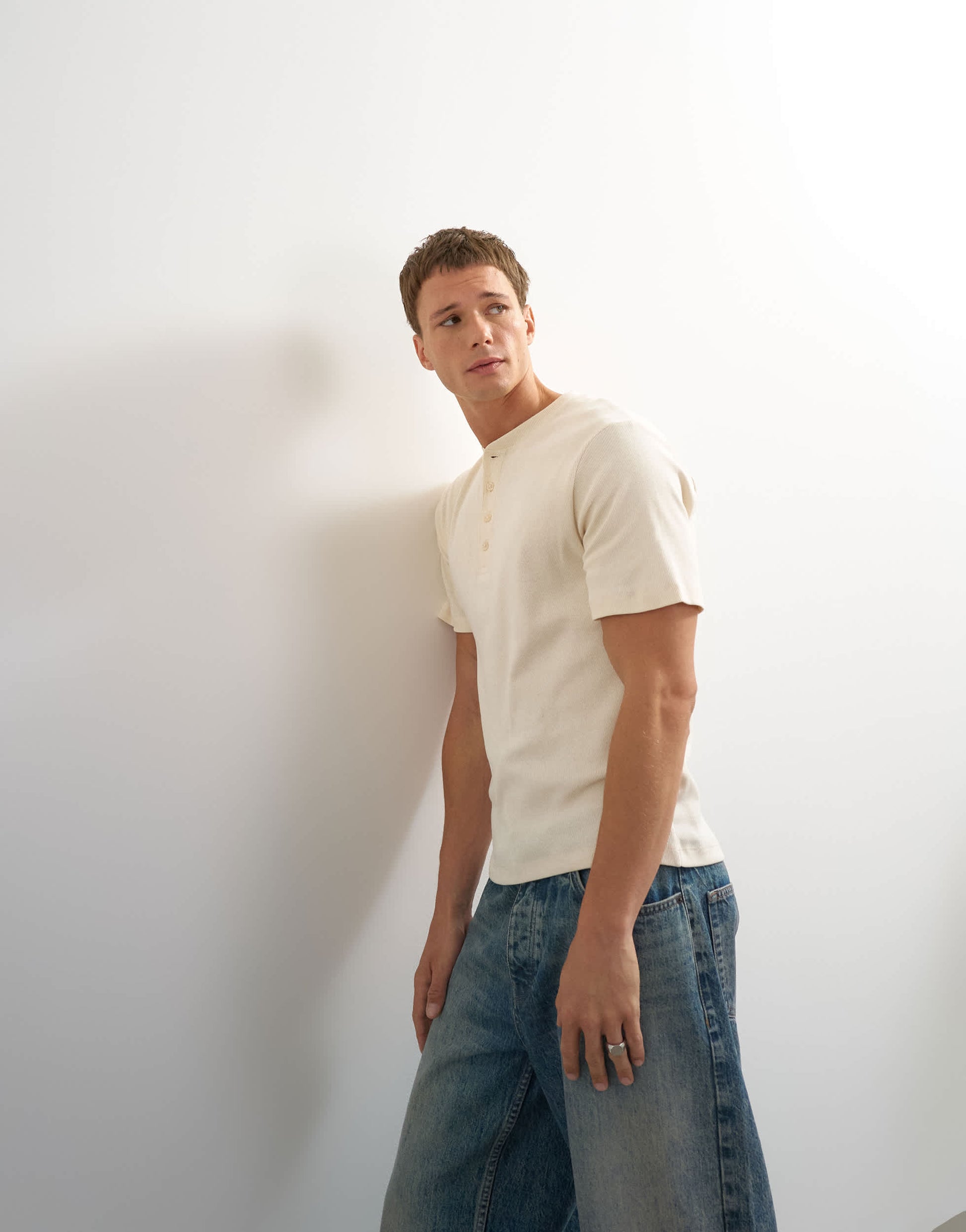 Topman slim fit rib henley t-shirt in ecru