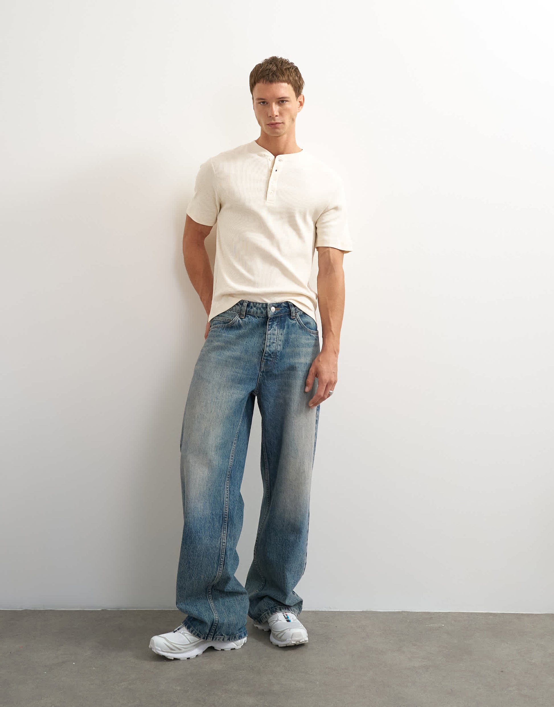 Topman slim fit rib henley t-shirt in ecru