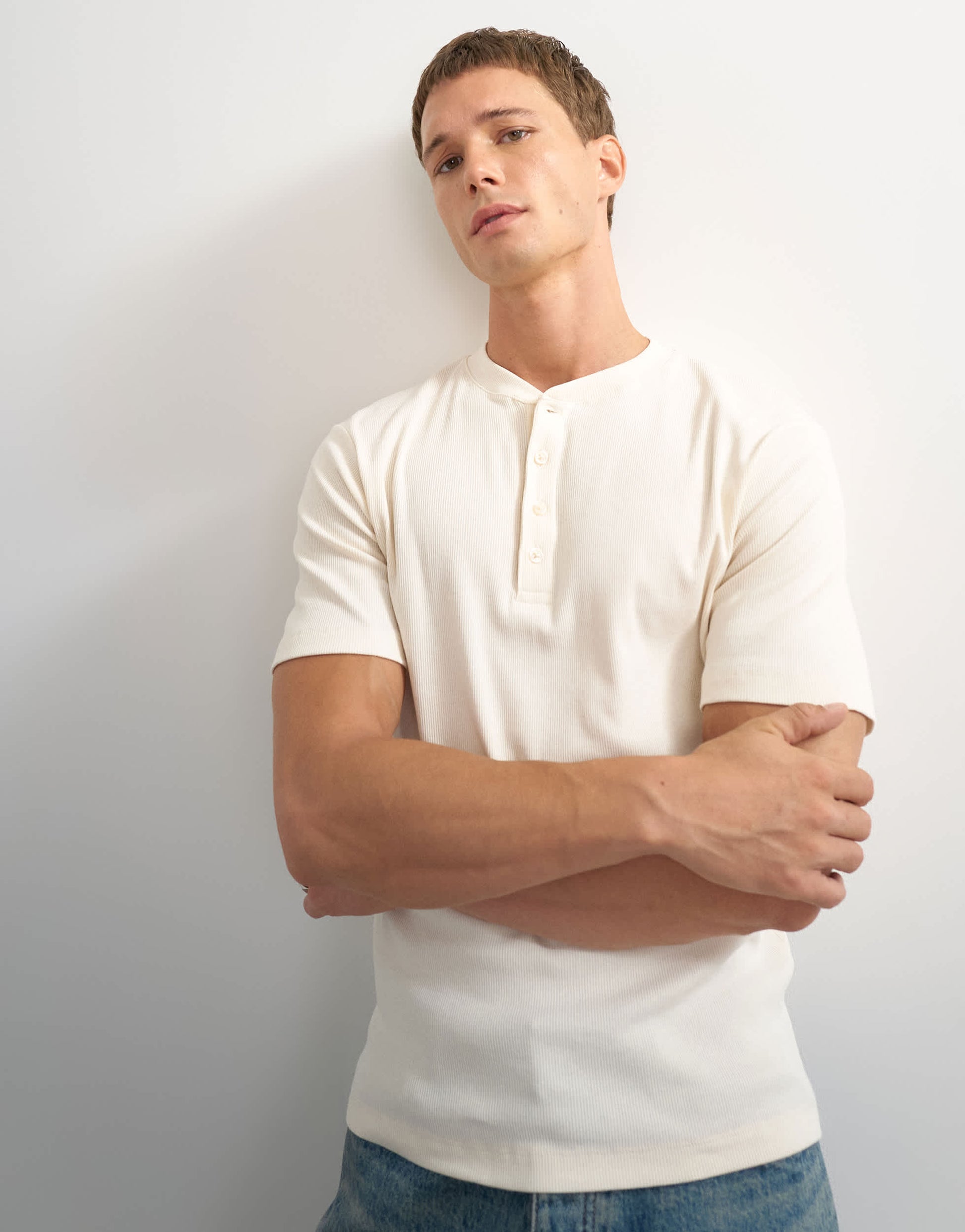Topman slim fit rib henley t-shirt in ecru